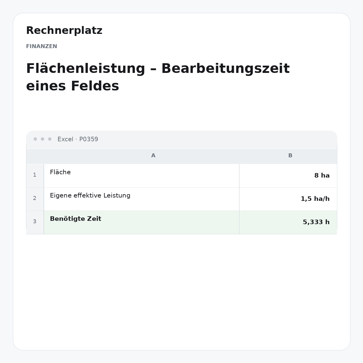 Rechnerplatz – Flächenleistung – Bearbeitungszeit eines Feldes, Excel-Übersicht mit Eingaben und Ergebnis.