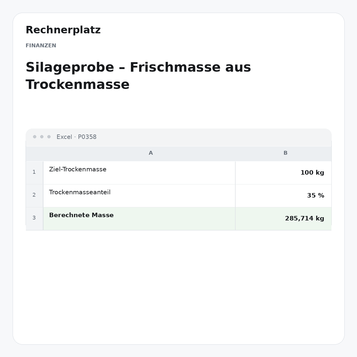 Rechnerplatz – Silageprobe – Frischmasse aus Trockenmasse, Excel-Übersicht mit Eingaben und Ergebnis.