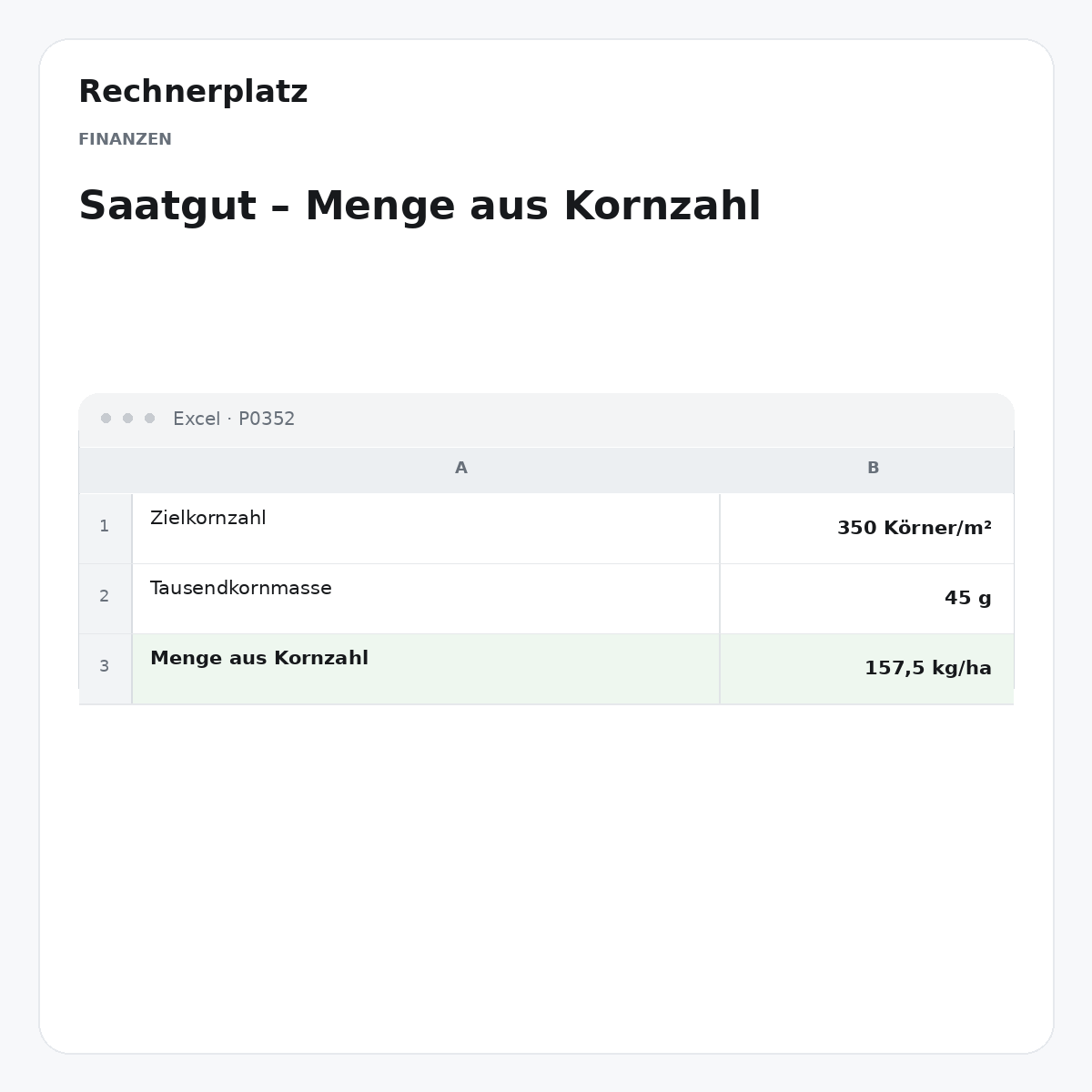 Rechnerplatz – Saatgut – Menge aus Kornzahl, Excel-Übersicht mit Eingaben und Ergebnis.