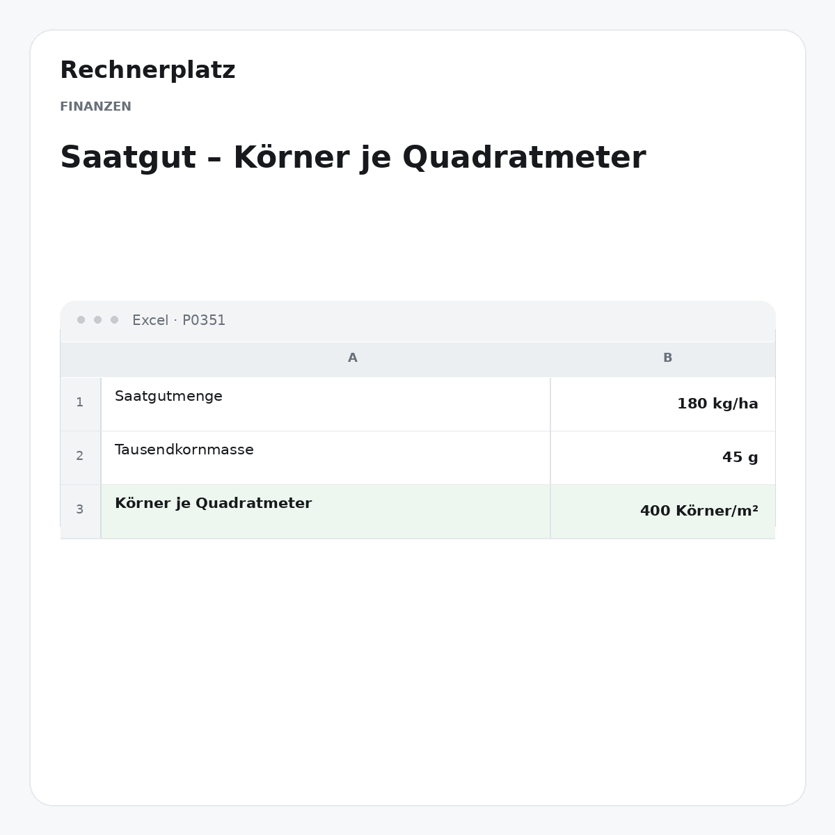 Rechnerplatz – Saatgut – Körner je Quadratmeter, Excel-Übersicht mit Eingaben und Ergebnis.