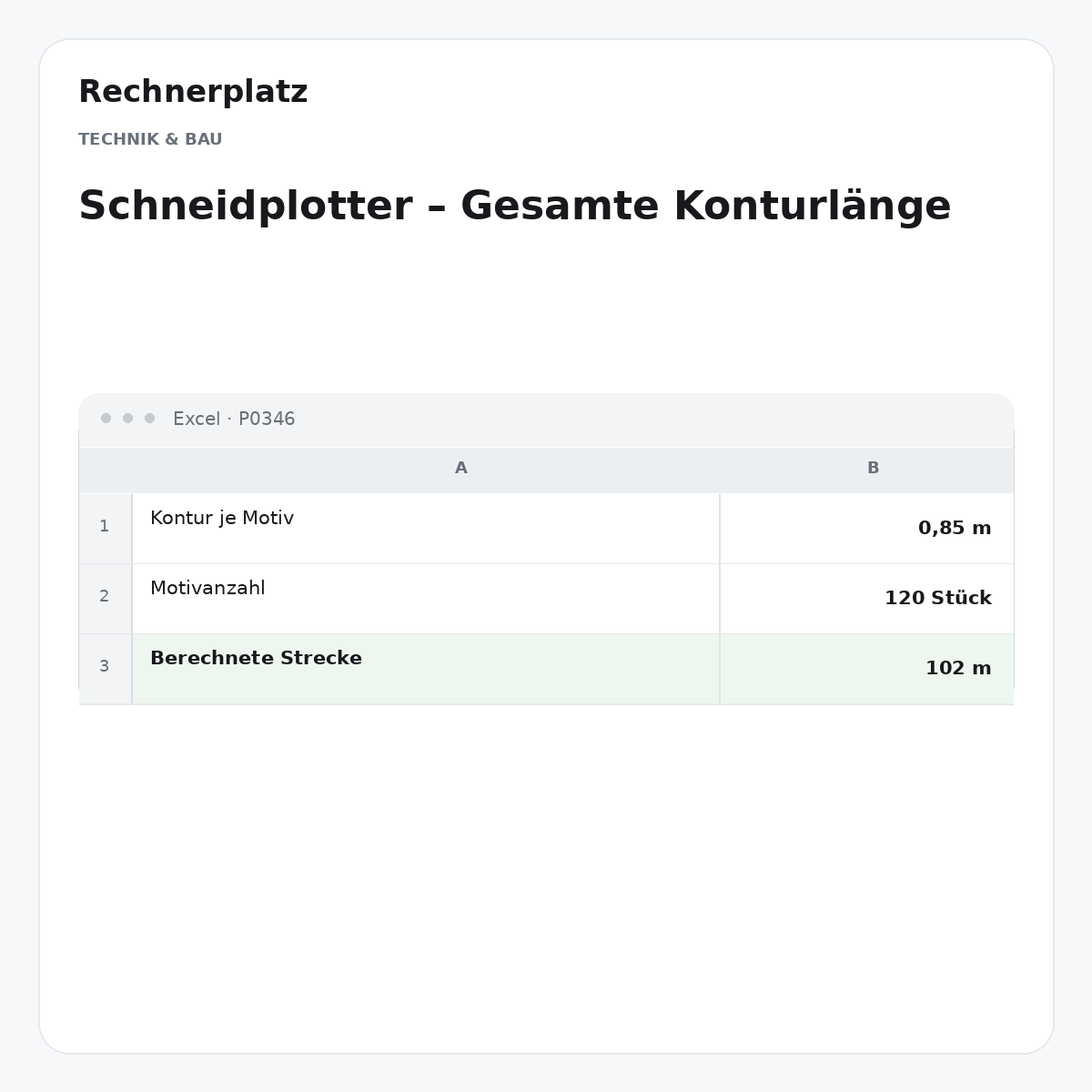 Rechnerplatz – Schneidplotter – Gesamte Konturlänge, Excel-Übersicht mit Eingaben und Ergebnis.