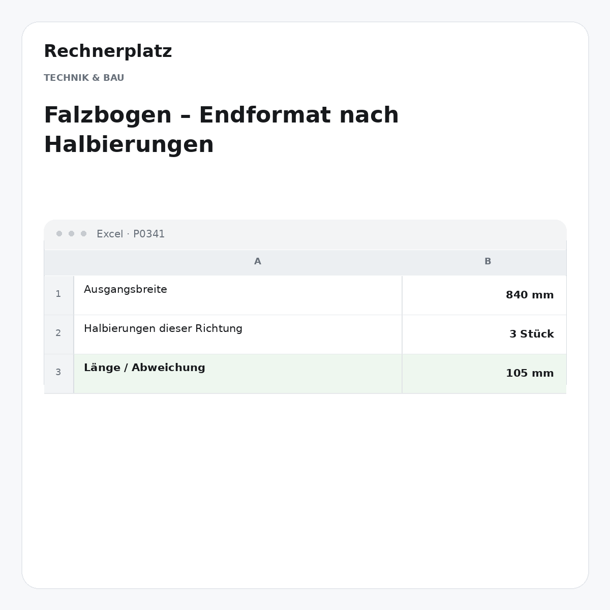 Rechnerplatz – Falzbogen – Endformat nach Halbierungen, Excel-Übersicht mit Eingaben und Ergebnis.