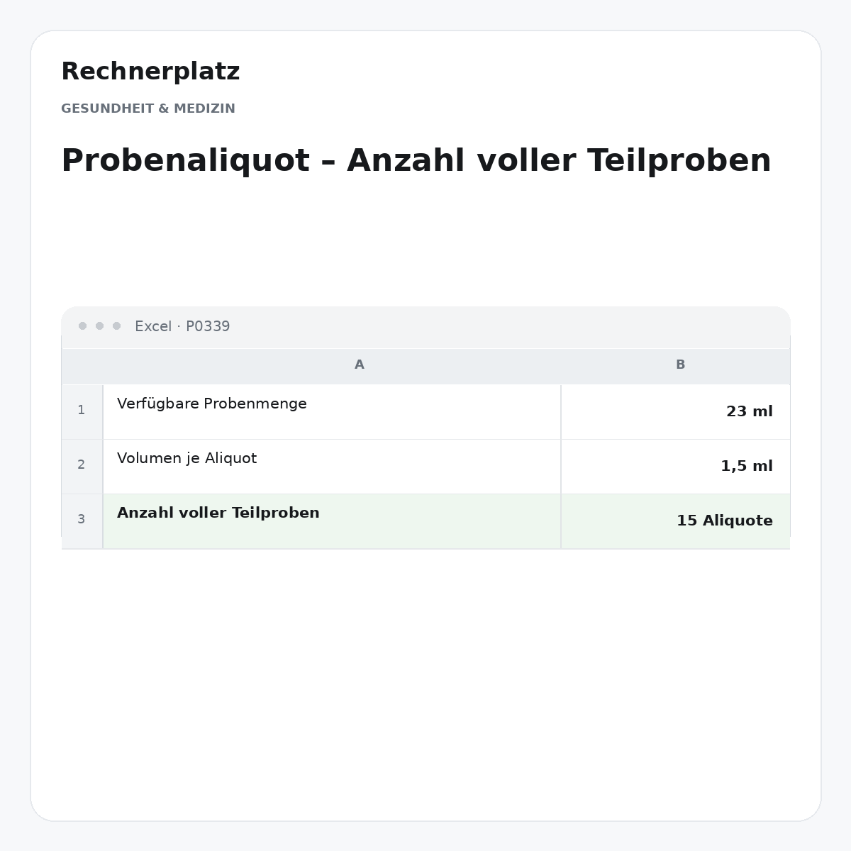 Rechnerplatz – Probenaliquot – Anzahl voller Teilproben, Excel-Übersicht mit Eingaben und Ergebnis.