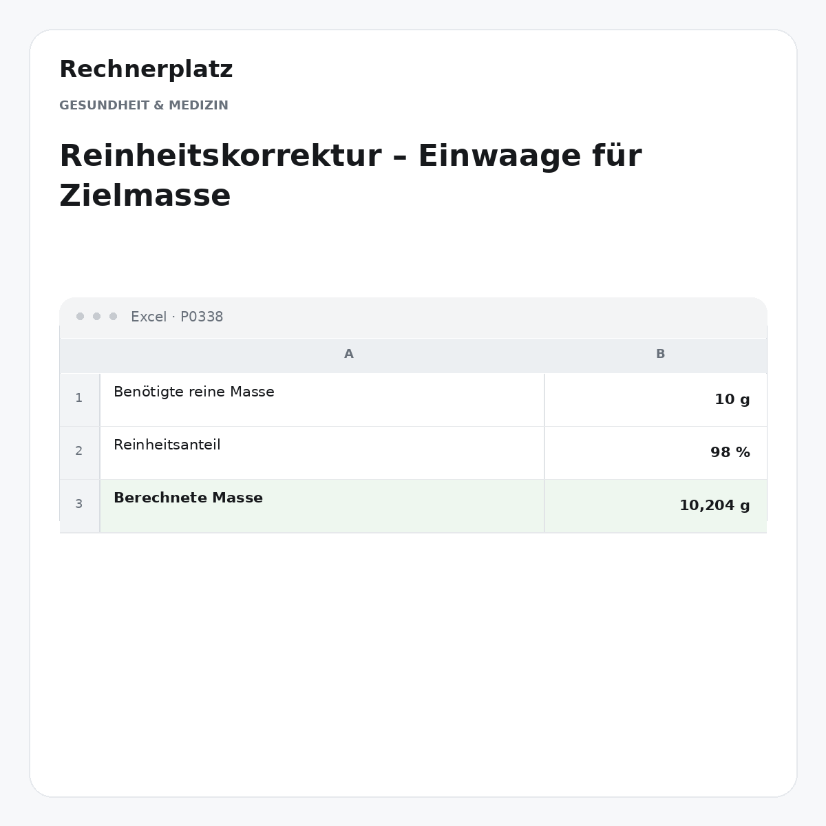 Rechnerplatz – Reinheitskorrektur – Einwaage für Zielmasse, Excel-Übersicht mit Eingaben und Ergebnis.