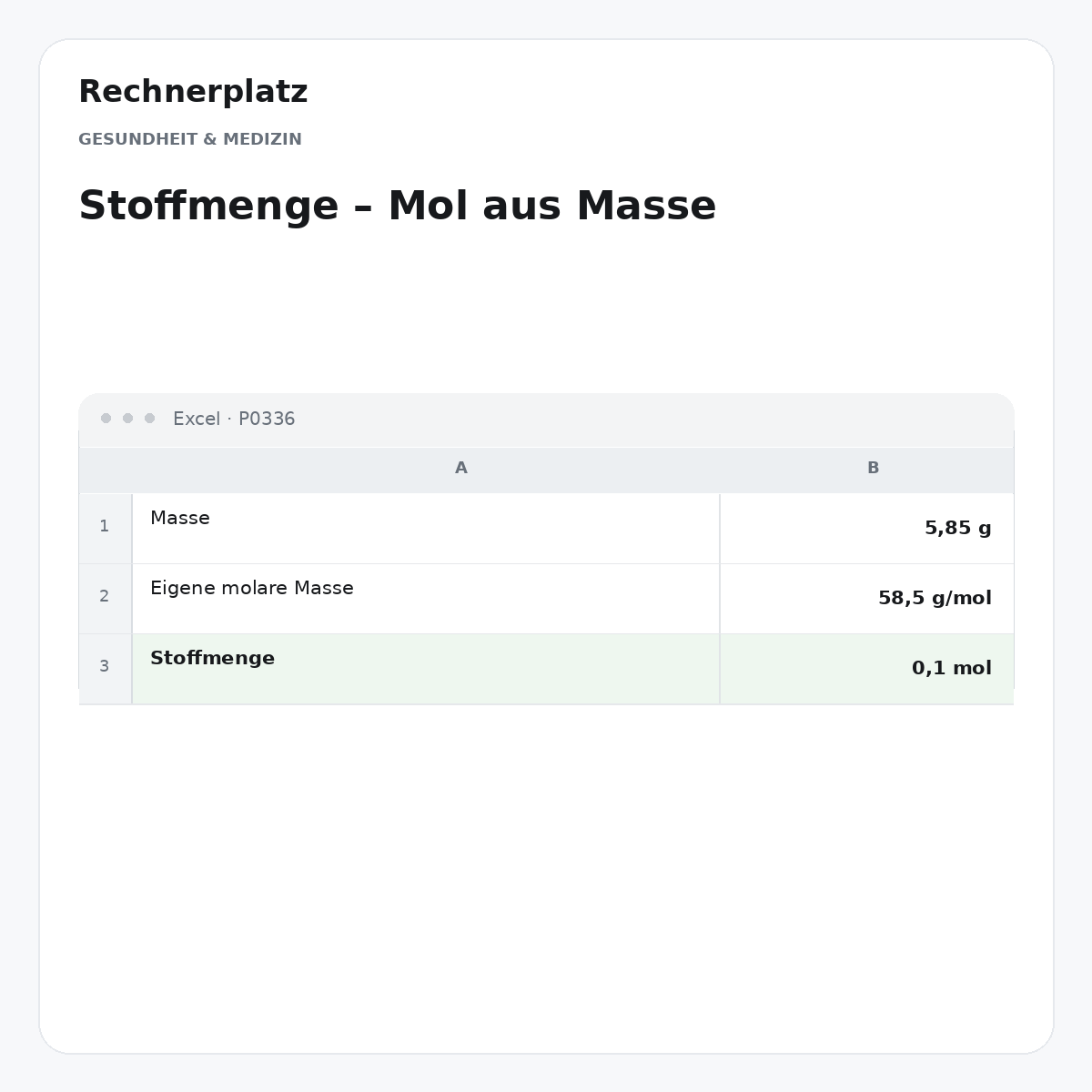 Rechnerplatz – Stoffmenge – Mol aus Masse, Excel-Übersicht mit Eingaben und Ergebnis.