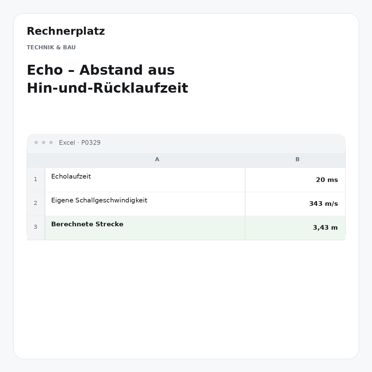 Rechnerplatz – Echo – Abstand aus Hin-und-Rücklaufzeit, Excel-Übersicht mit Eingaben und Ergebnis.