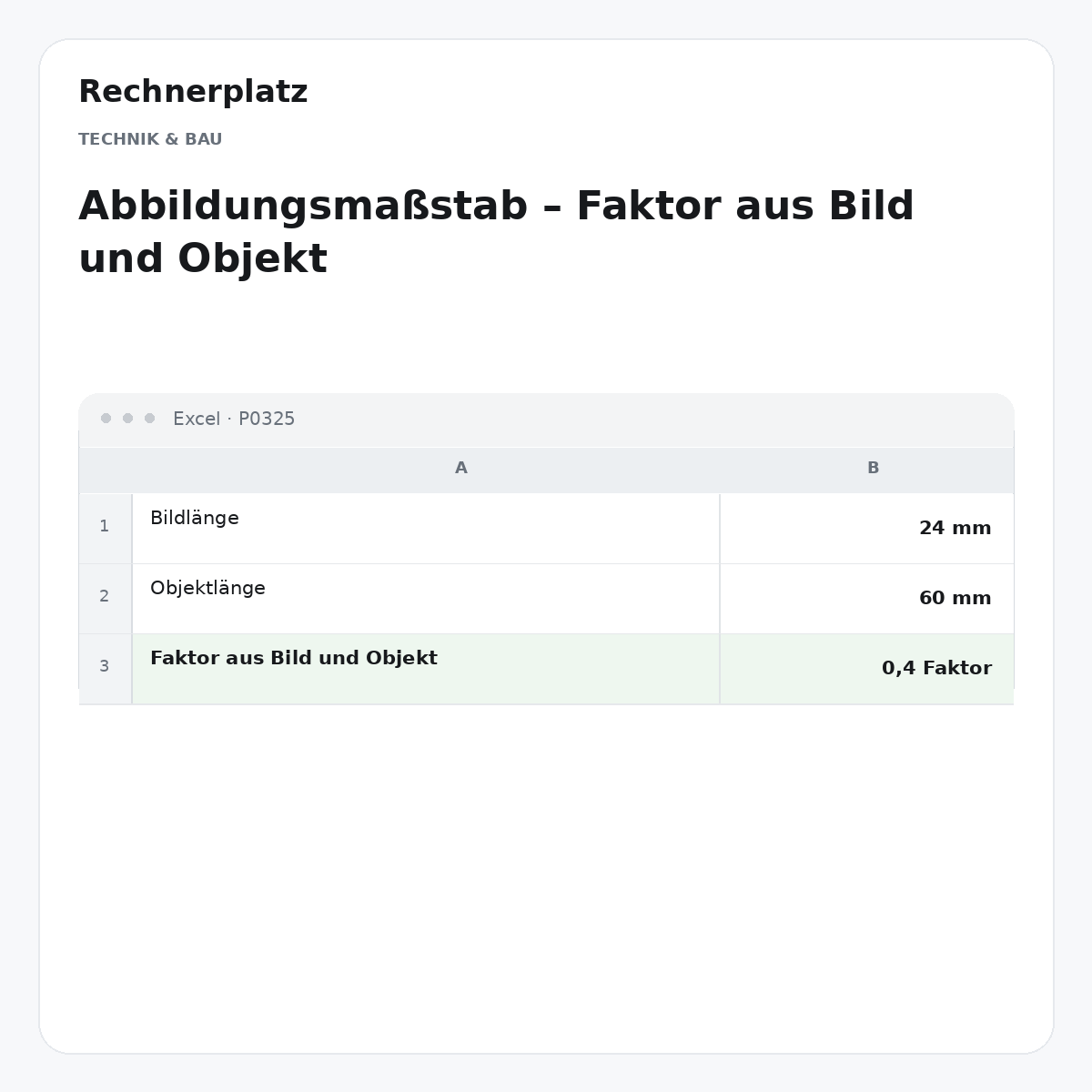 Rechnerplatz – Abbildungsmaßstab – Faktor aus Bild und Objekt, Excel-Übersicht mit Eingaben und Ergebnis.