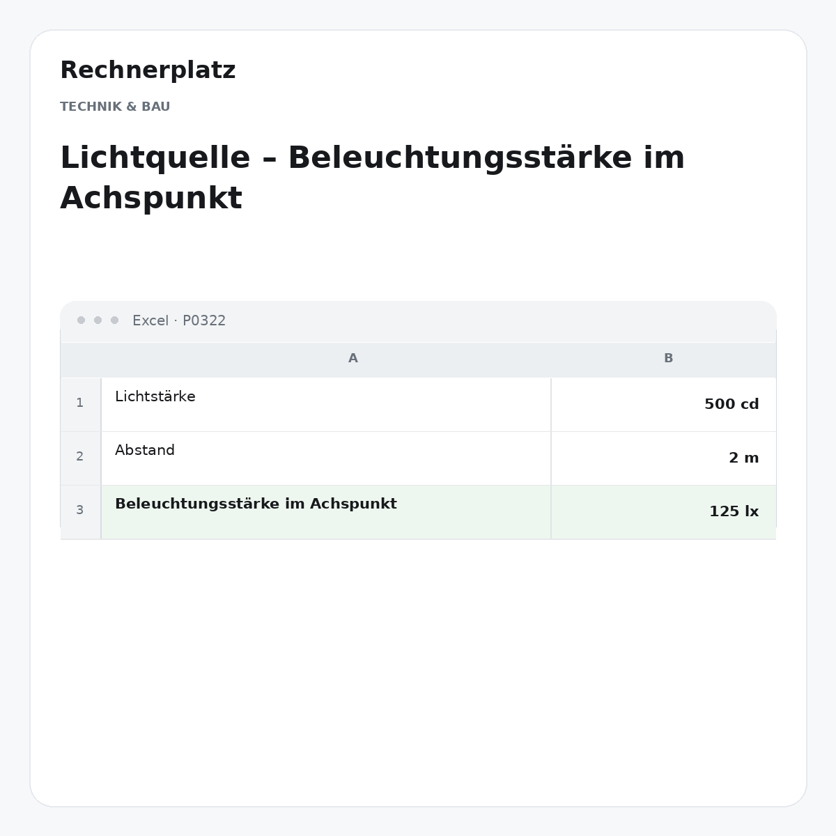 Rechnerplatz – Lichtquelle – Beleuchtungsstärke im Achspunkt, Excel-Übersicht mit Eingaben und Ergebnis.