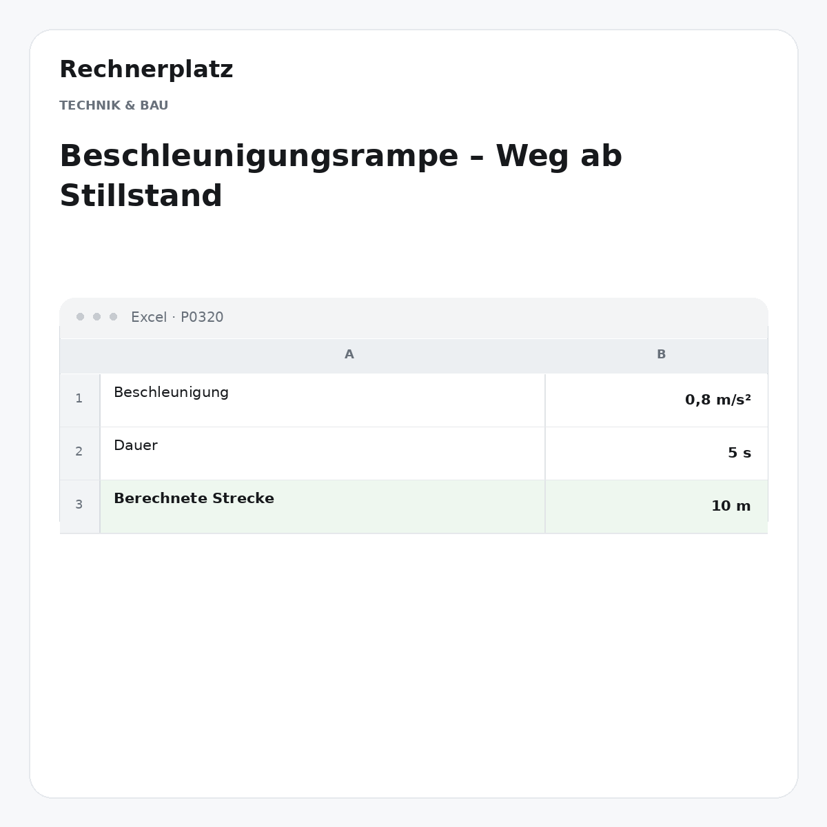 Rechnerplatz – Beschleunigungsrampe – Weg ab Stillstand, Excel-Übersicht mit Eingaben und Ergebnis.