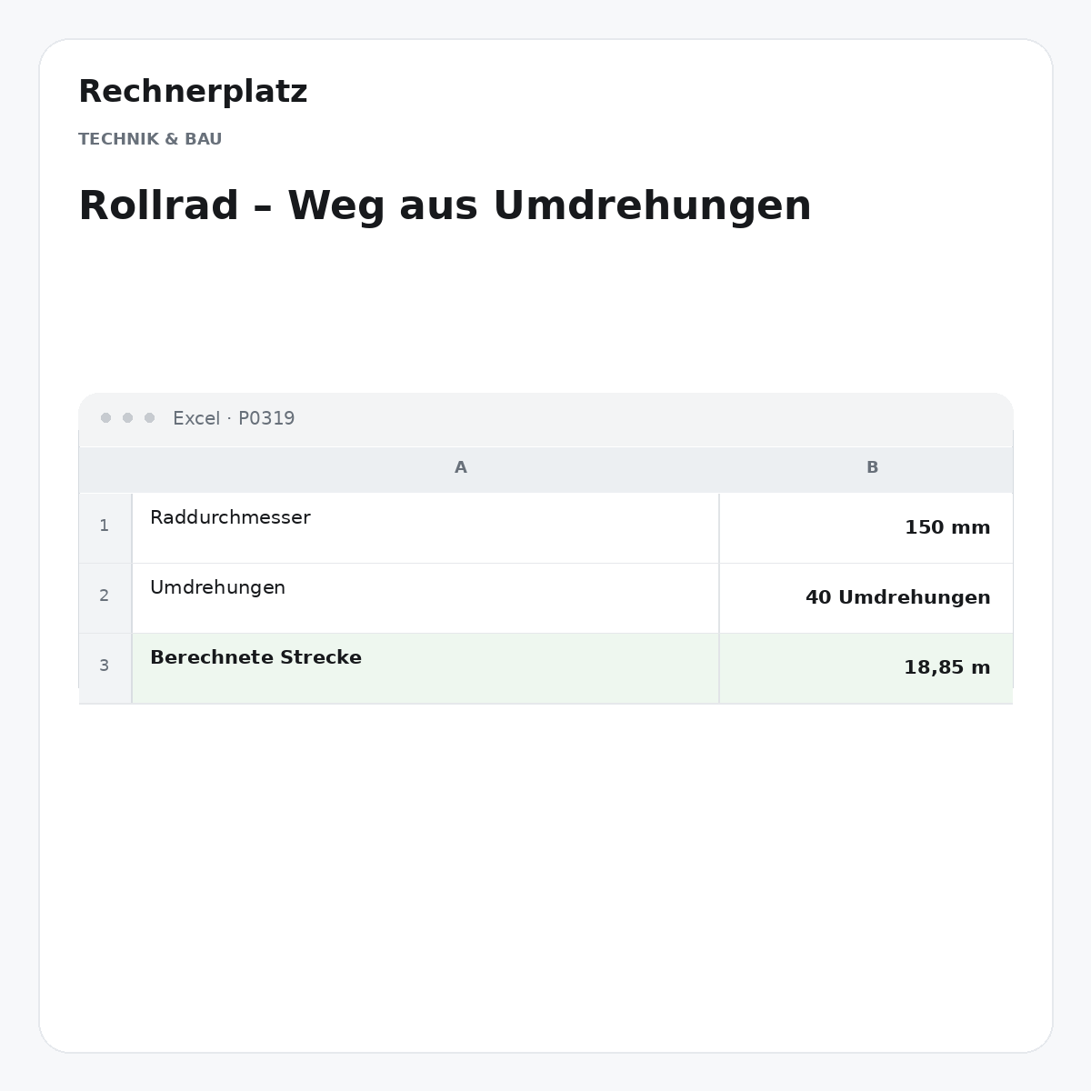 Rechnerplatz – Rollrad – Weg aus Umdrehungen, Excel-Übersicht mit Eingaben und Ergebnis.