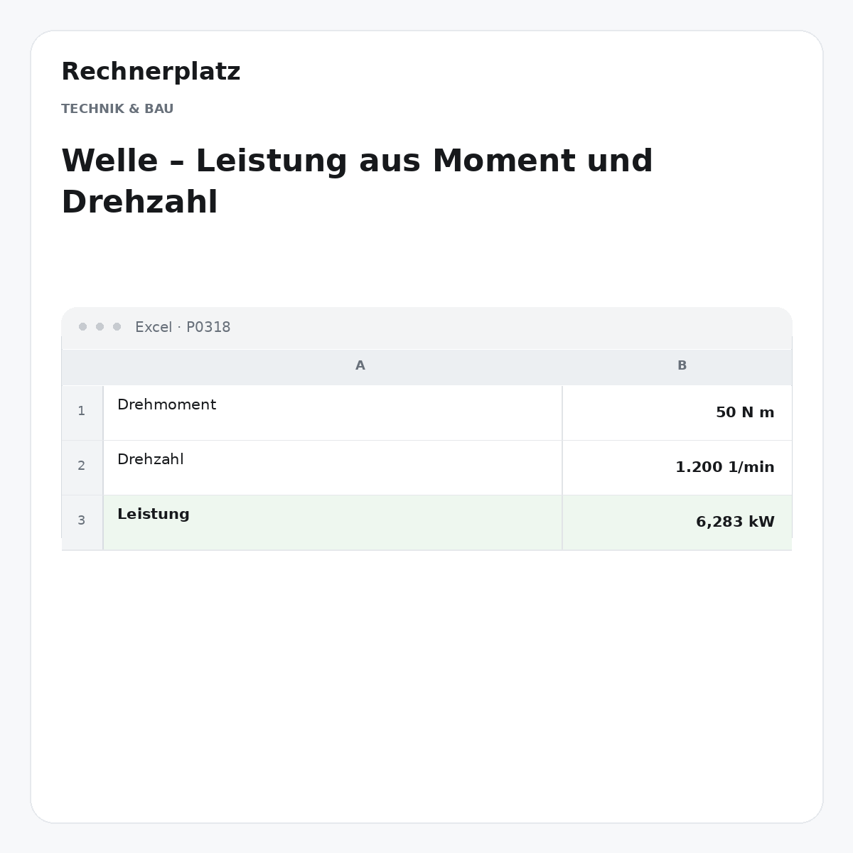 Rechnerplatz – Welle – Leistung aus Moment und Drehzahl, Excel-Übersicht mit Eingaben und Ergebnis.