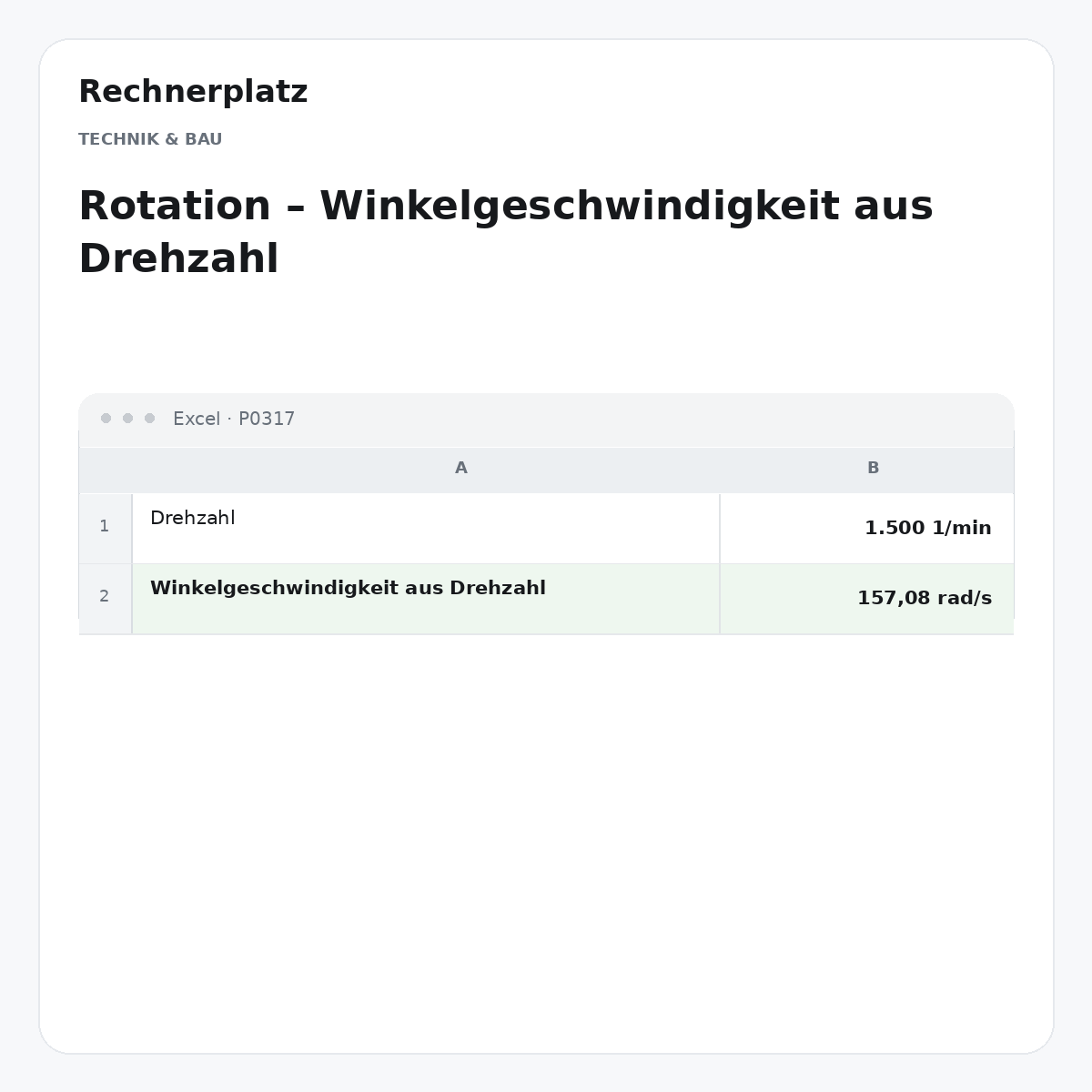 Rechnerplatz – Rotation – Winkelgeschwindigkeit aus Drehzahl, Excel-Übersicht mit Eingaben und Ergebnis.