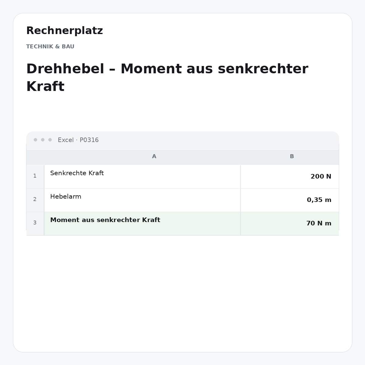 Rechnerplatz – Drehhebel – Moment aus senkrechter Kraft, Excel-Übersicht mit Eingaben und Ergebnis.