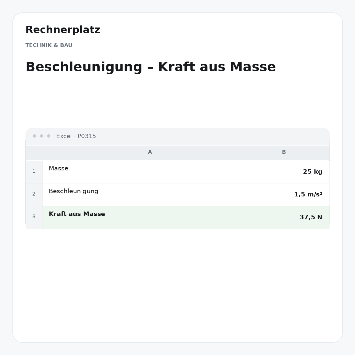 Rechnerplatz – Beschleunigung – Kraft aus Masse, Excel-Übersicht mit Eingaben und Ergebnis.