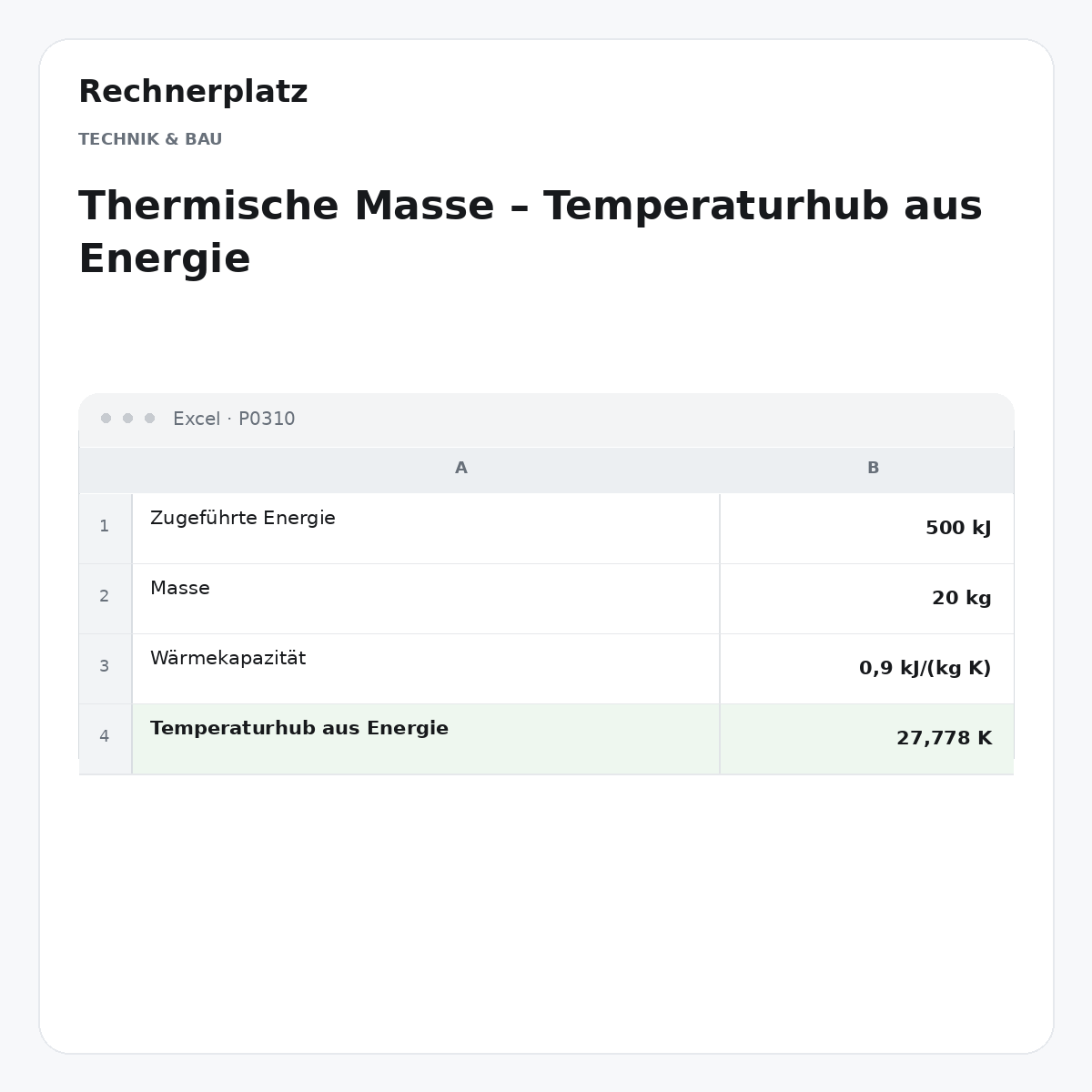 Rechnerplatz – Thermische Masse – Temperaturhub aus Energie, Excel-Übersicht mit Eingaben und Ergebnis.
