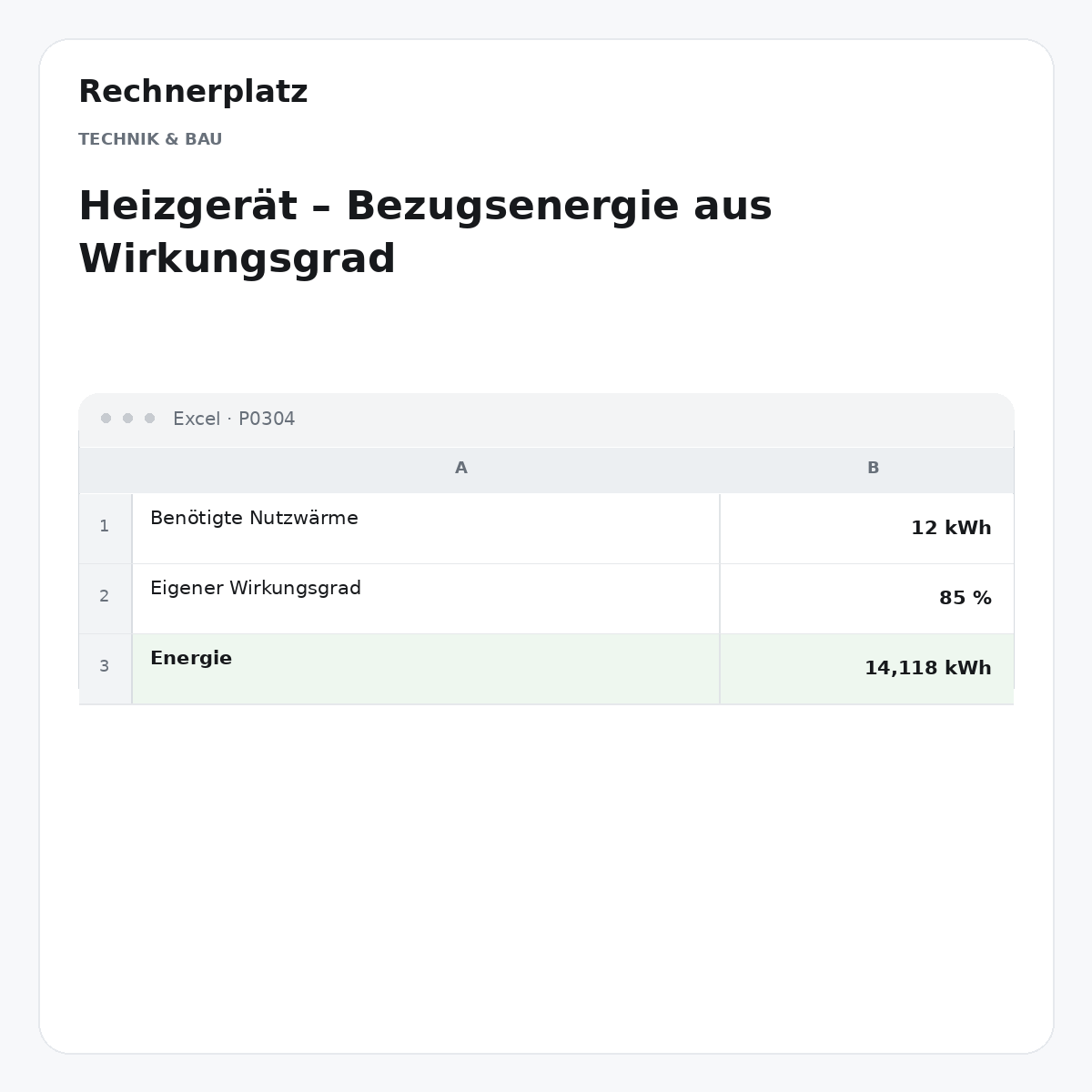 Rechnerplatz – Heizgerät – Bezugsenergie aus Wirkungsgrad, Excel-Übersicht mit Eingaben und Ergebnis.