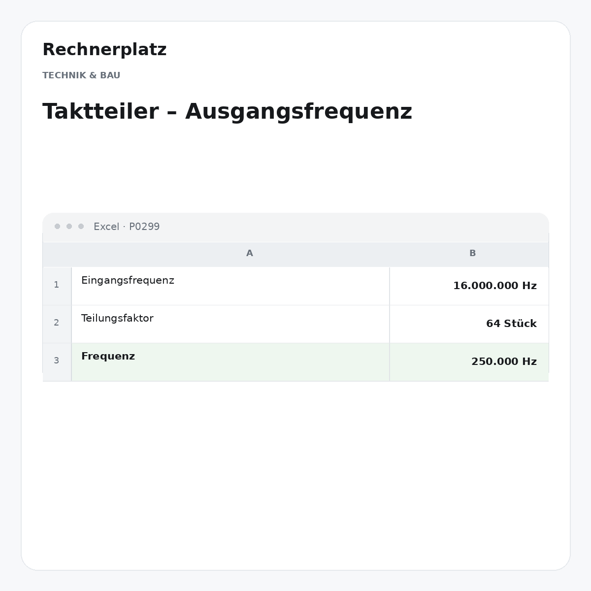 Rechnerplatz – Taktteiler – Ausgangsfrequenz, Excel-Übersicht mit Eingaben und Ergebnis.