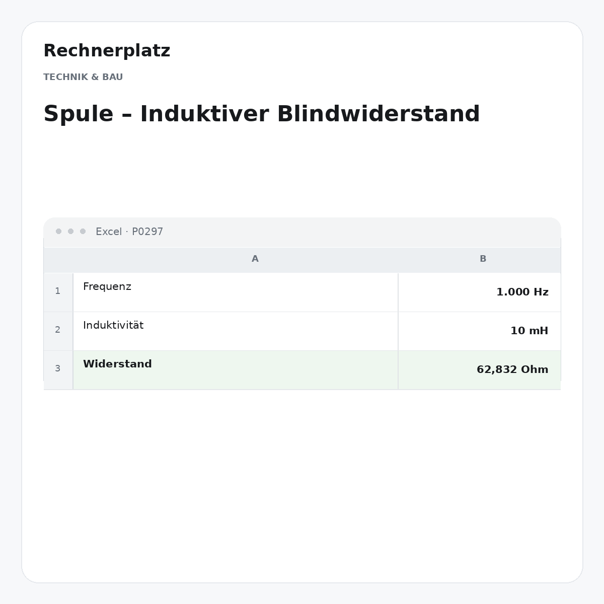 Rechnerplatz – Spule – Induktiver Blindwiderstand, Excel-Übersicht mit Eingaben und Ergebnis.