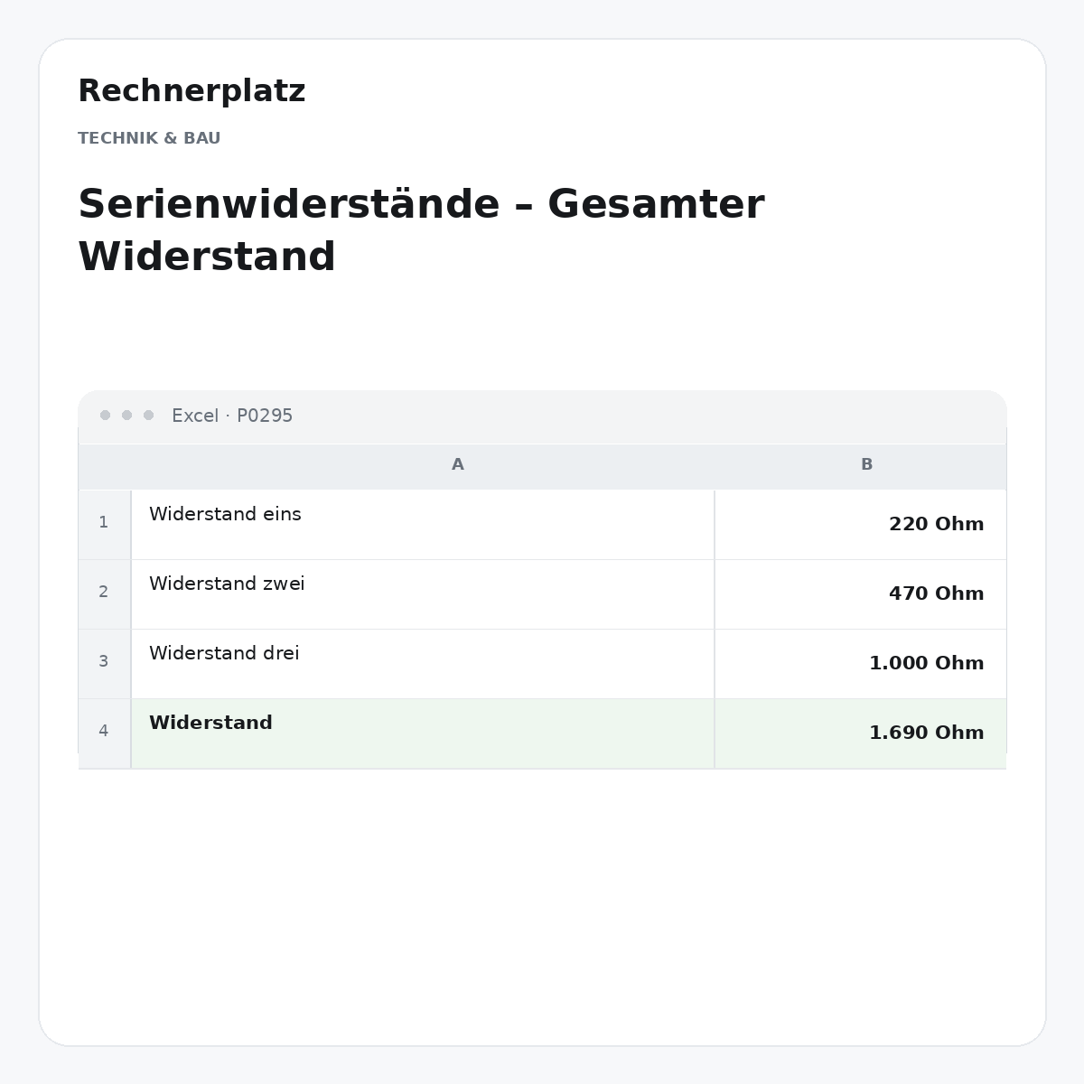 Rechnerplatz – Serienwiderstände – Gesamter Widerstand, Excel-Übersicht mit Eingaben und Ergebnis.
