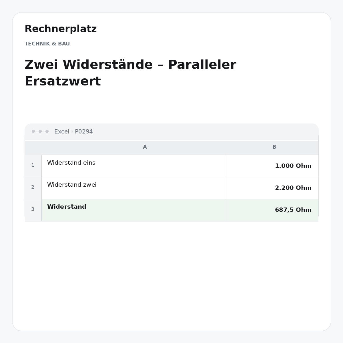 Rechnerplatz – Zwei Widerstände – Paralleler Ersatzwert, Excel-Übersicht mit Eingaben und Ergebnis.