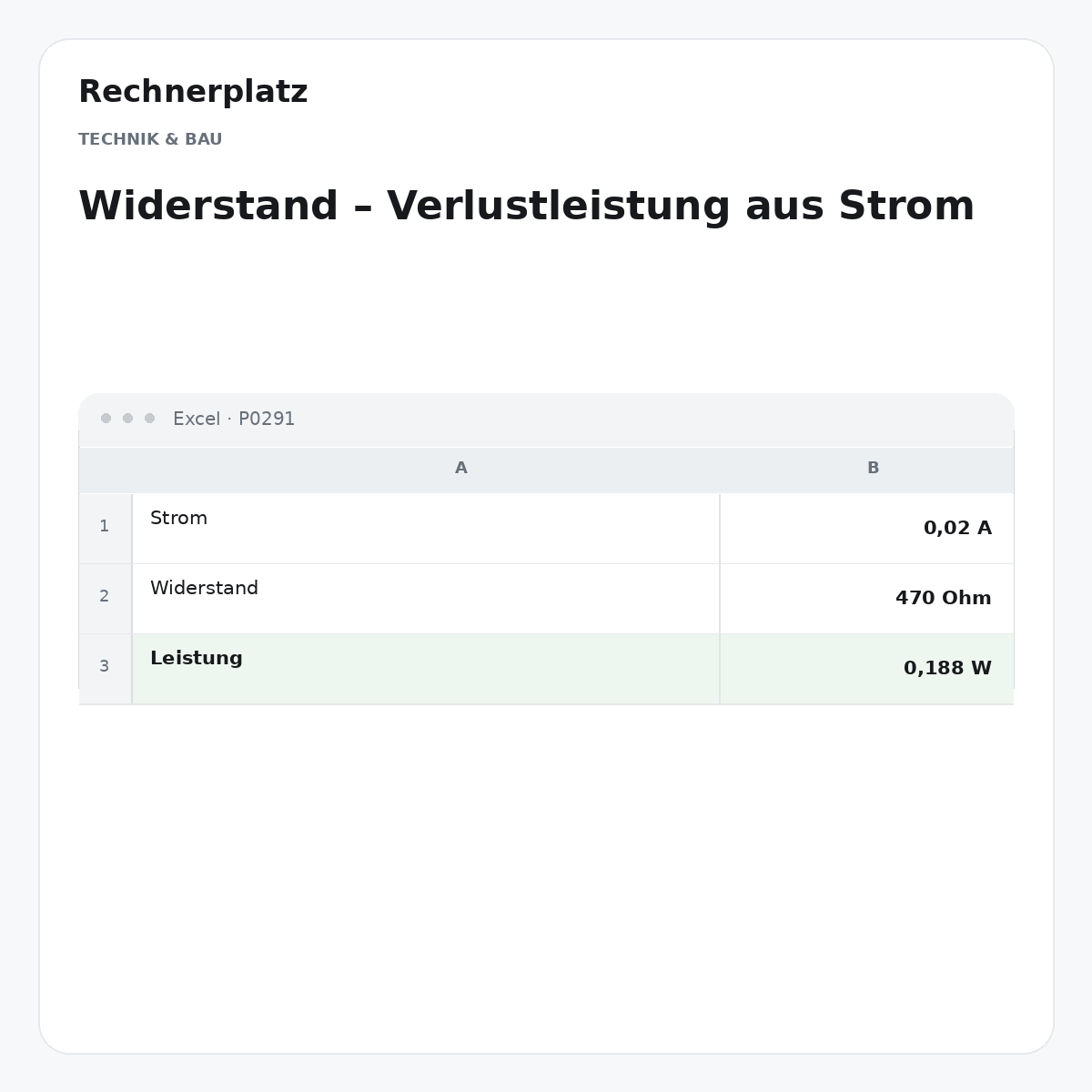 Rechnerplatz – Widerstand – Verlustleistung aus Strom, Excel-Übersicht mit Eingaben und Ergebnis.