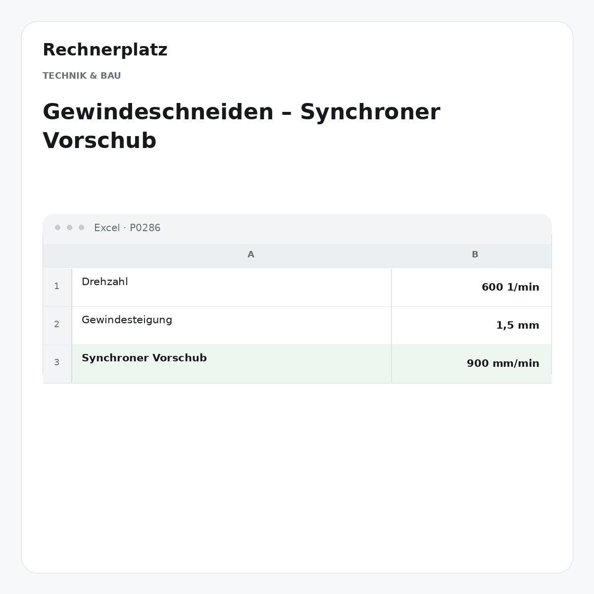 Rechnerplatz – Gewindeschneiden – Synchroner Vorschub, Excel-Übersicht mit Eingaben und Ergebnis.