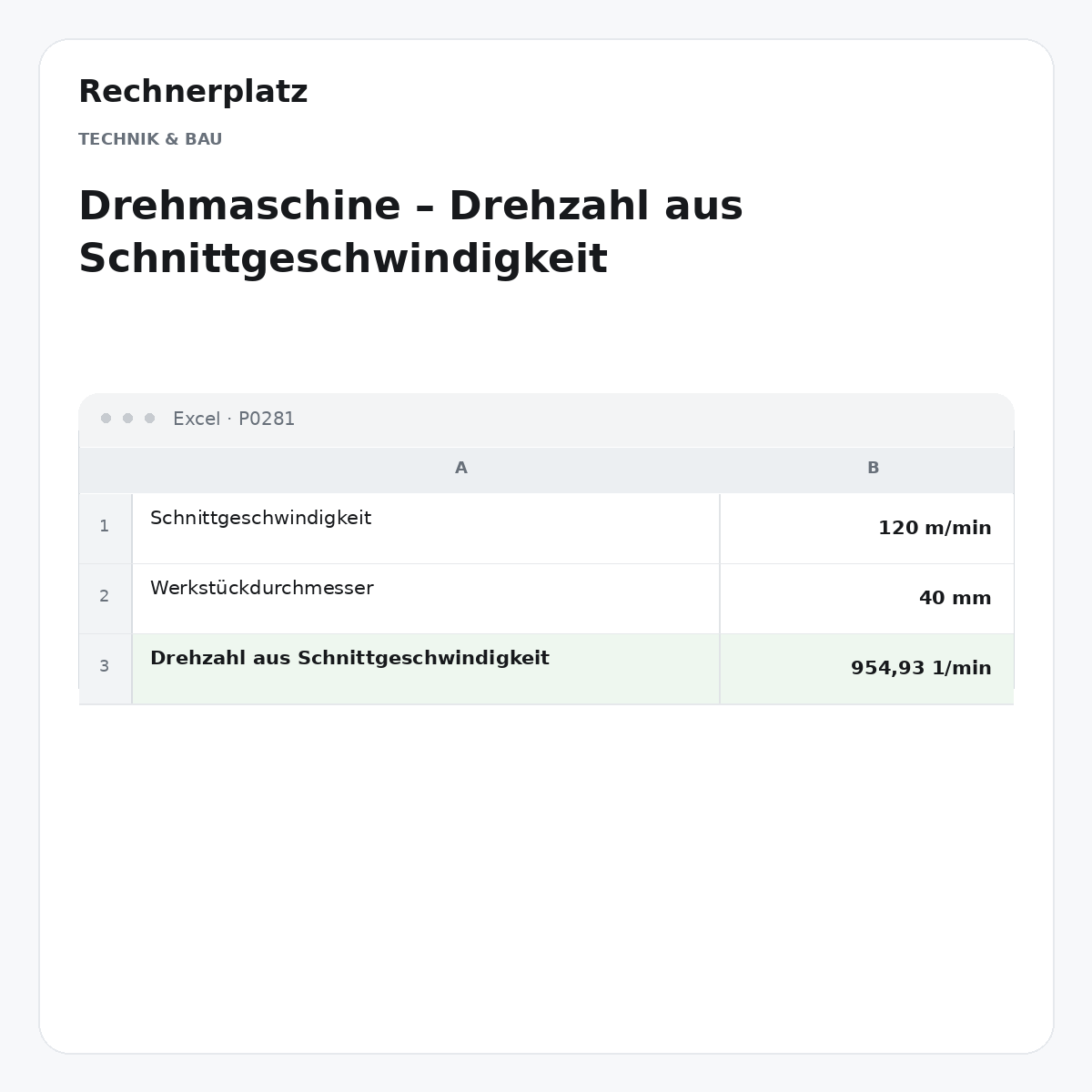 Rechnerplatz – Drehmaschine – Drehzahl aus Schnittgeschwindigkeit, Excel-Übersicht mit Eingaben und Ergebnis.