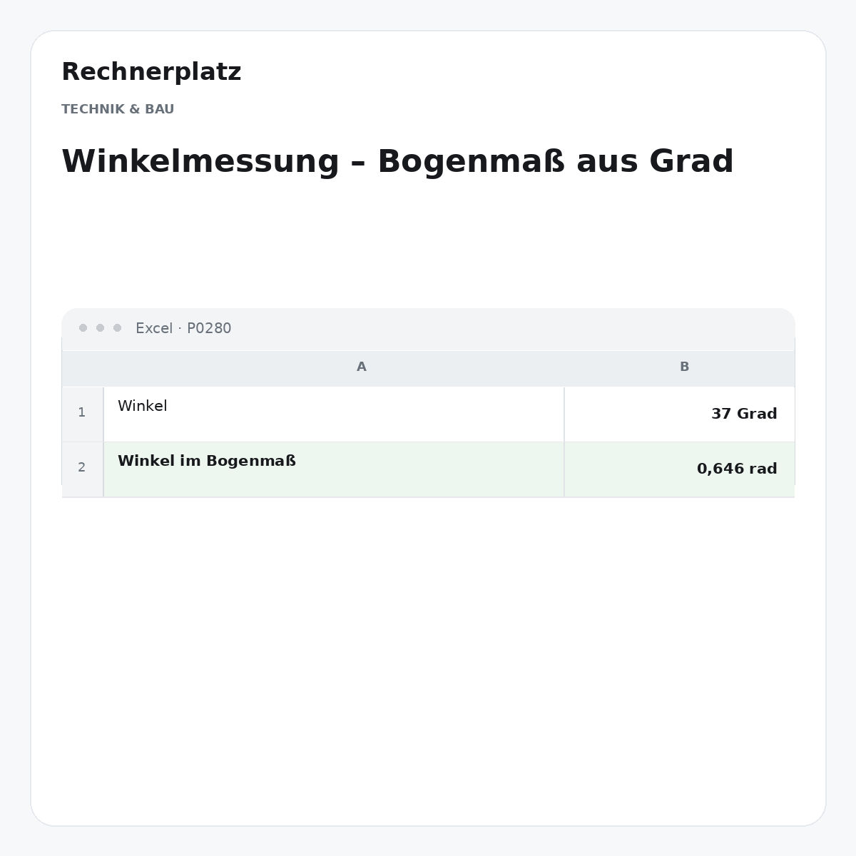 Rechnerplatz – Winkelmessung – Bogenmaß aus Grad, Excel-Übersicht mit Eingaben und Ergebnis.