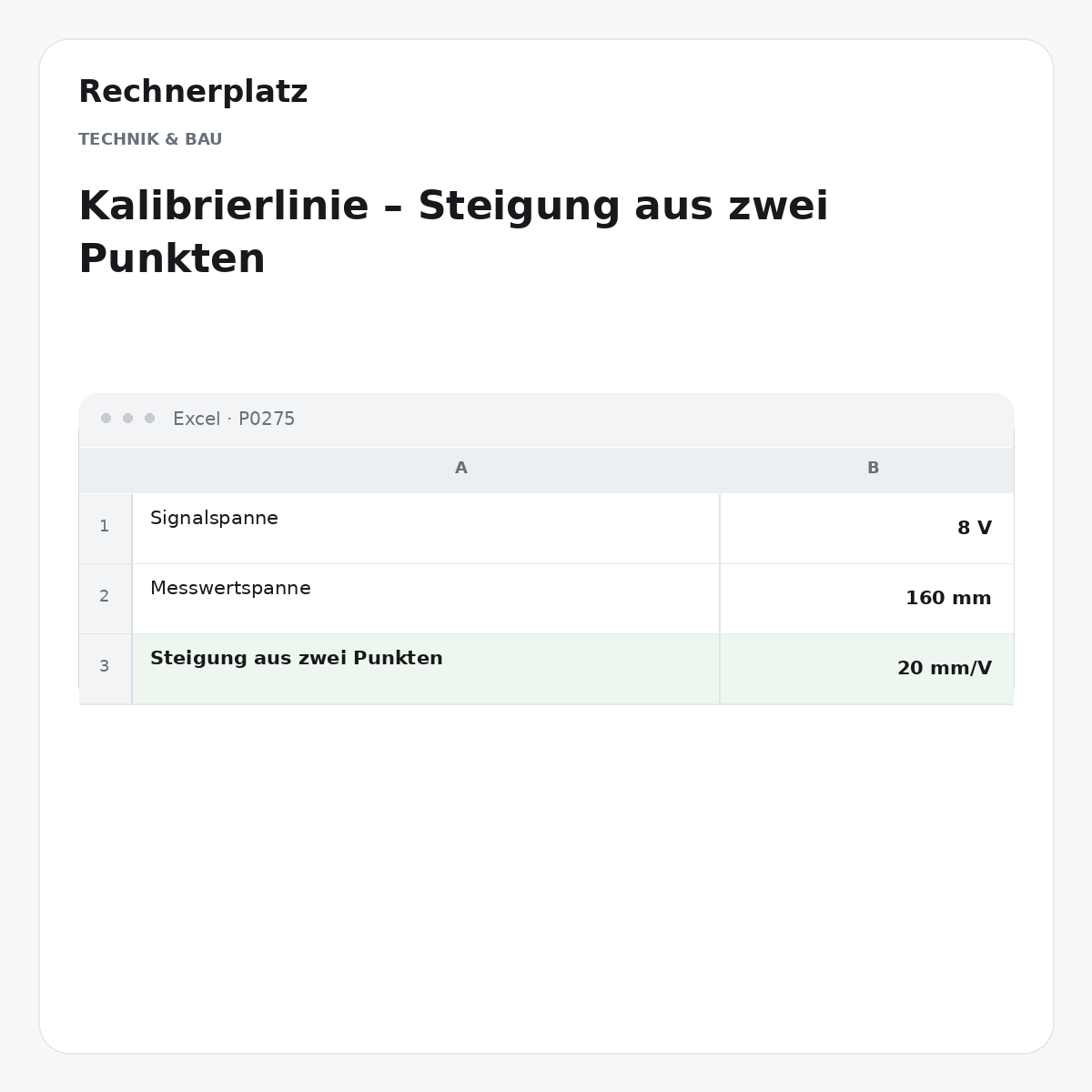 Rechnerplatz – Kalibrierlinie – Steigung aus zwei Punkten, Excel-Übersicht mit Eingaben und Ergebnis.