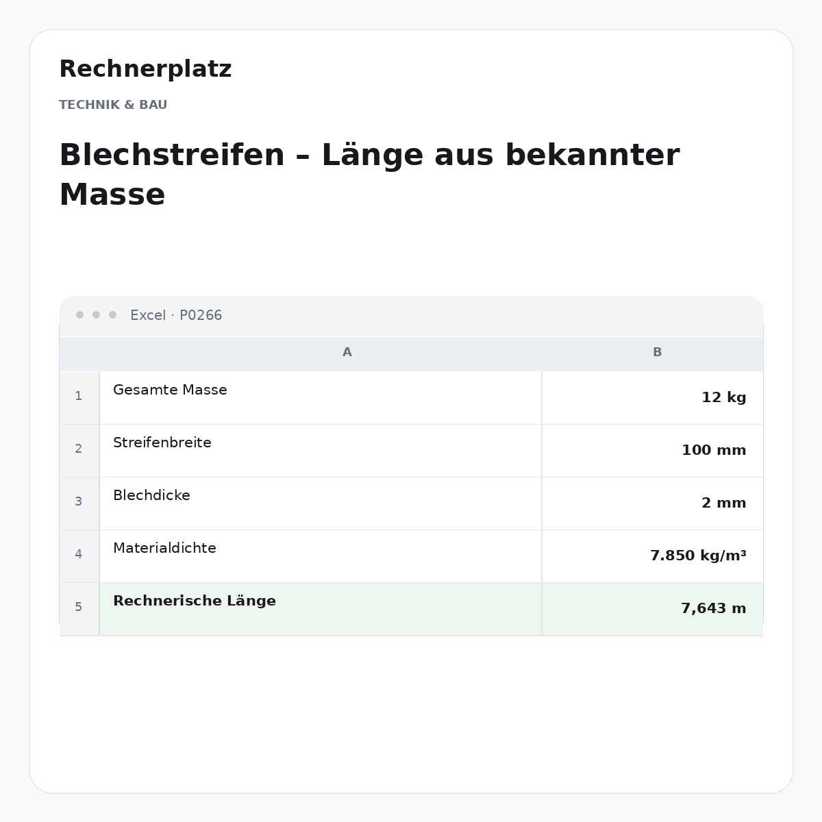 Rechnerplatz – Blechstreifen – Länge aus bekannter Masse, Excel-Übersicht mit Eingaben und Ergebnis.