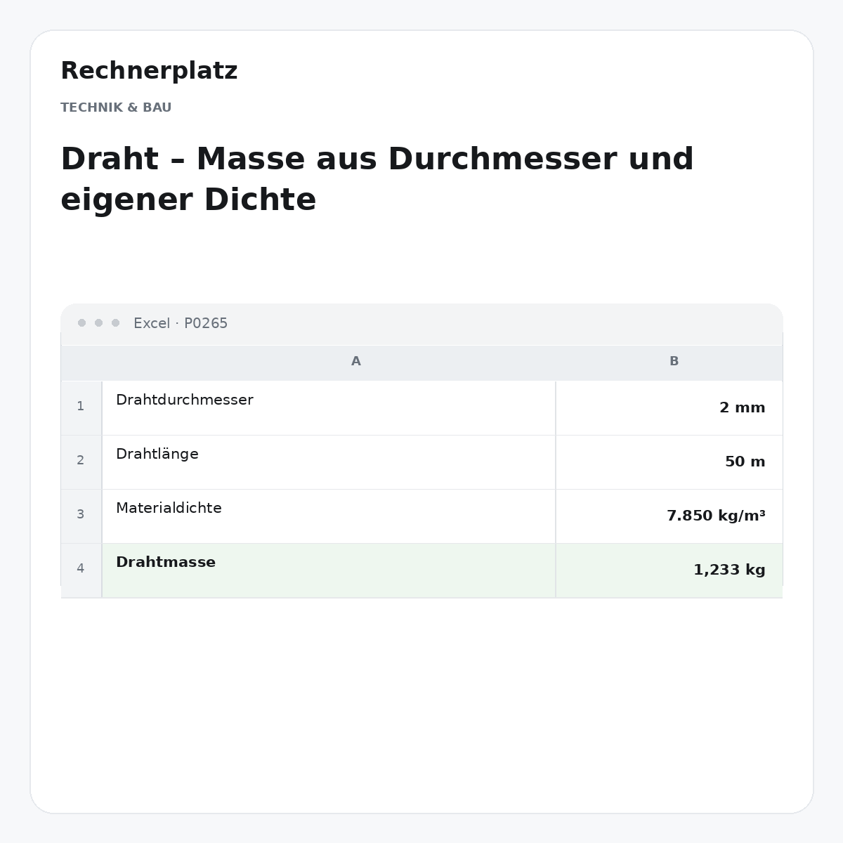 Rechnerplatz – Draht – Masse aus Durchmesser und eigener Dichte, Excel-Übersicht mit Eingaben und Ergebnis.