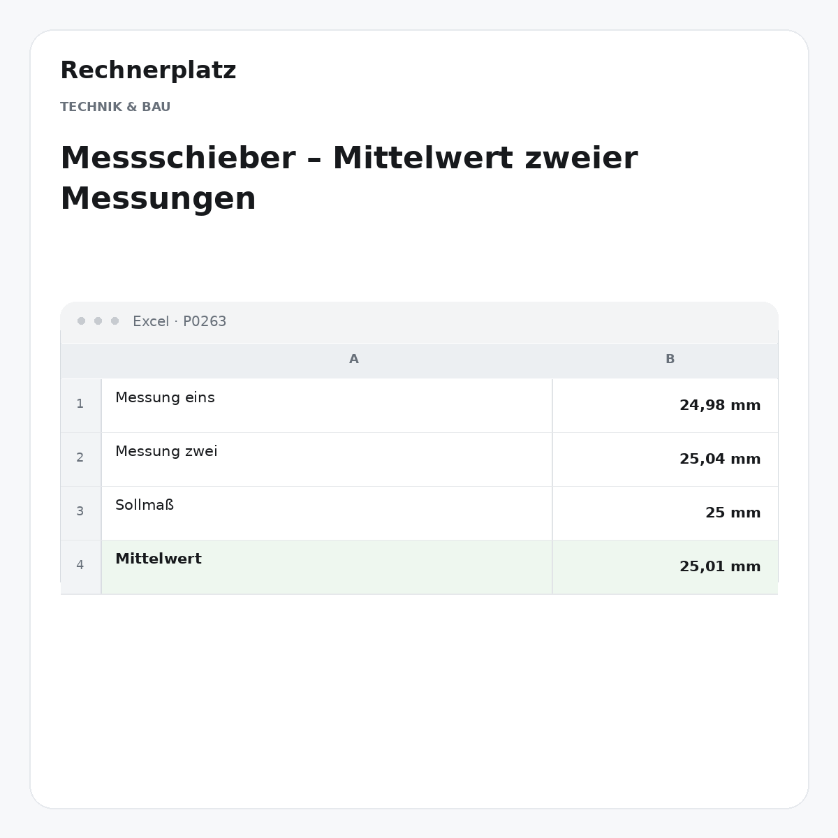 Rechnerplatz – Messschieber – Mittelwert zweier Messungen, Excel-Übersicht mit Eingaben und Ergebnis.