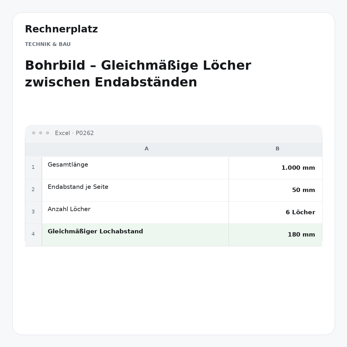 Rechnerplatz – Bohrbild – Gleichmäßige Löcher zwischen Endabständen, Excel-Übersicht mit Eingaben und Ergebnis.