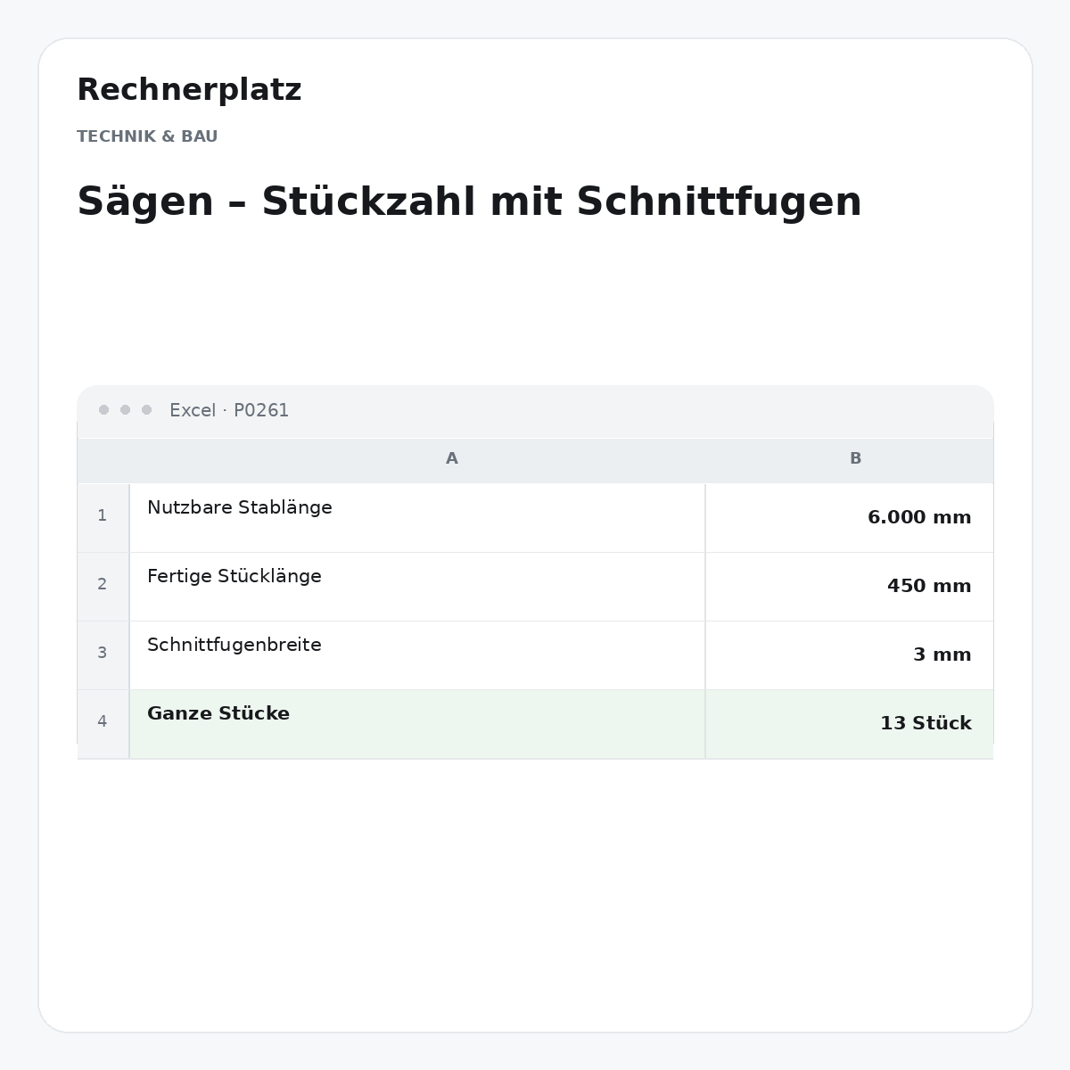 Rechnerplatz – Sägen – Stückzahl mit Schnittfugen, Excel-Übersicht mit Eingaben und Ergebnis.
