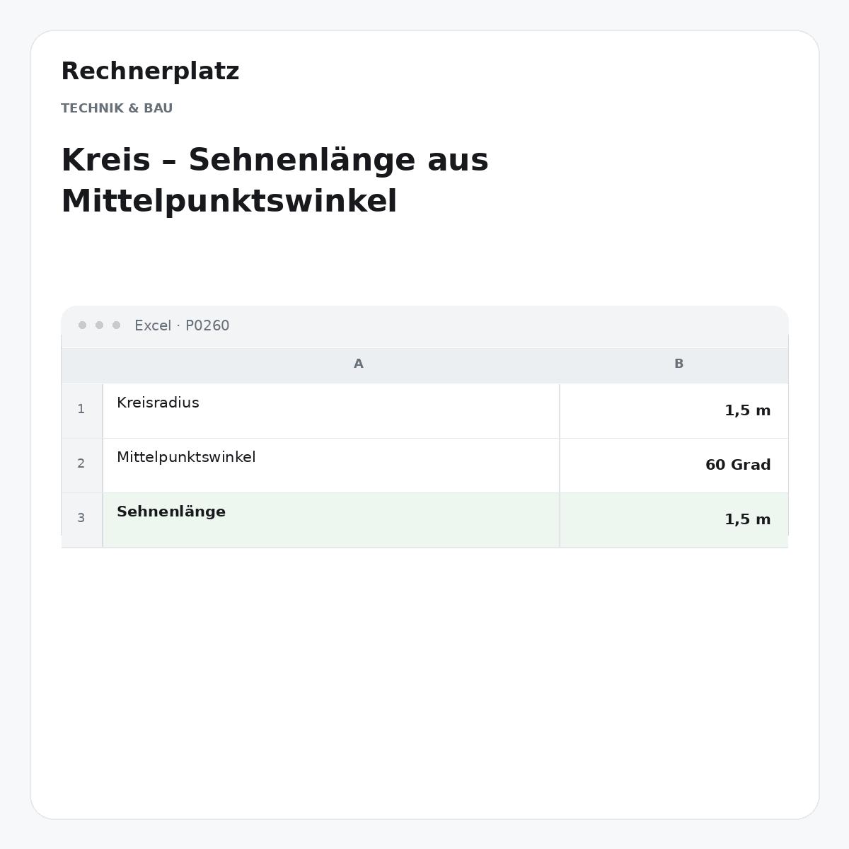 Rechnerplatz – Kreis – Sehnenlänge aus Mittelpunktswinkel, Excel-Übersicht mit Eingaben und Ergebnis.