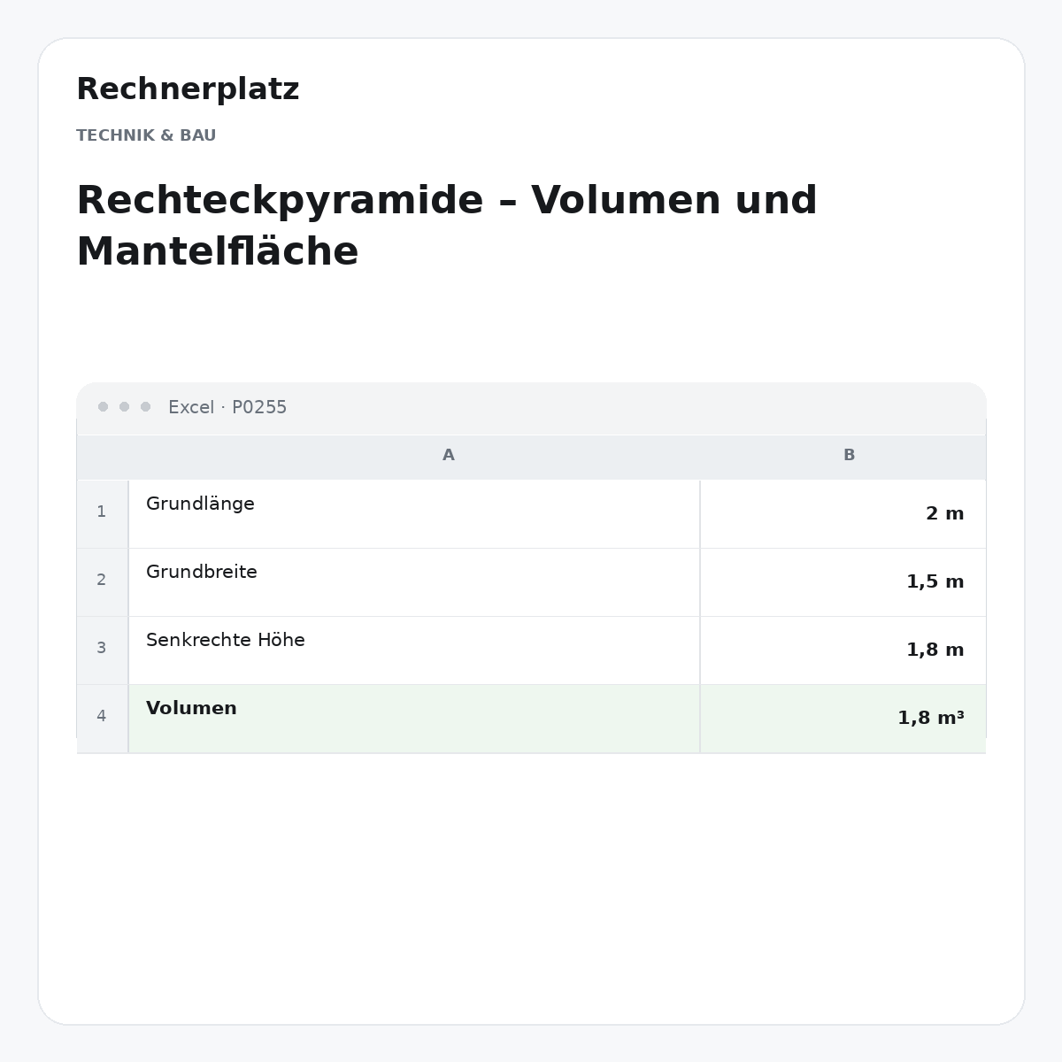 Rechnerplatz – Rechteckpyramide – Volumen und Mantelfläche, Excel-Übersicht mit Eingaben und Ergebnis.