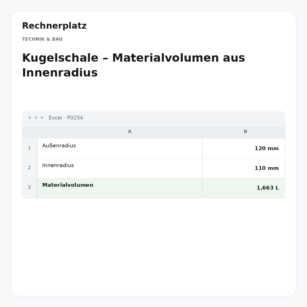 Rechnerplatz – Kugelschale – Materialvolumen aus Innenradius, Excel-Übersicht mit Eingaben und Ergebnis.