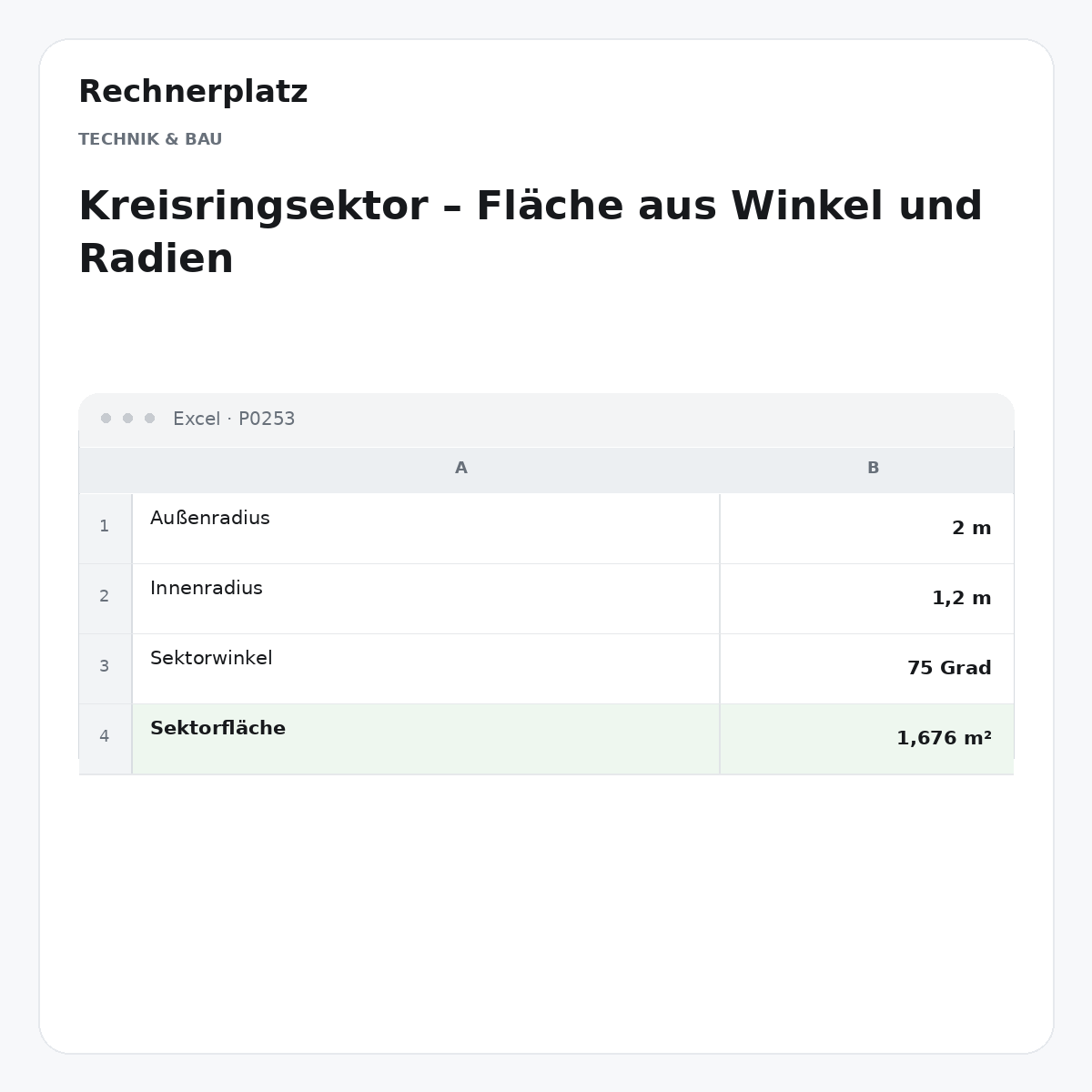 Rechnerplatz – Kreisringsektor – Fläche aus Winkel und Radien, Excel-Übersicht mit Eingaben und Ergebnis.