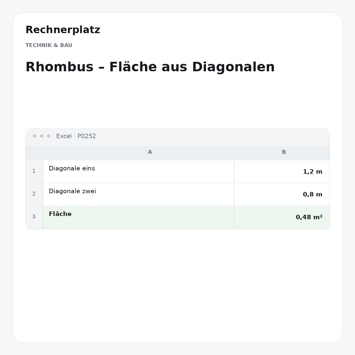 Rechnerplatz – Rhombus – Fläche aus Diagonalen, Excel-Übersicht mit Eingaben und Ergebnis.