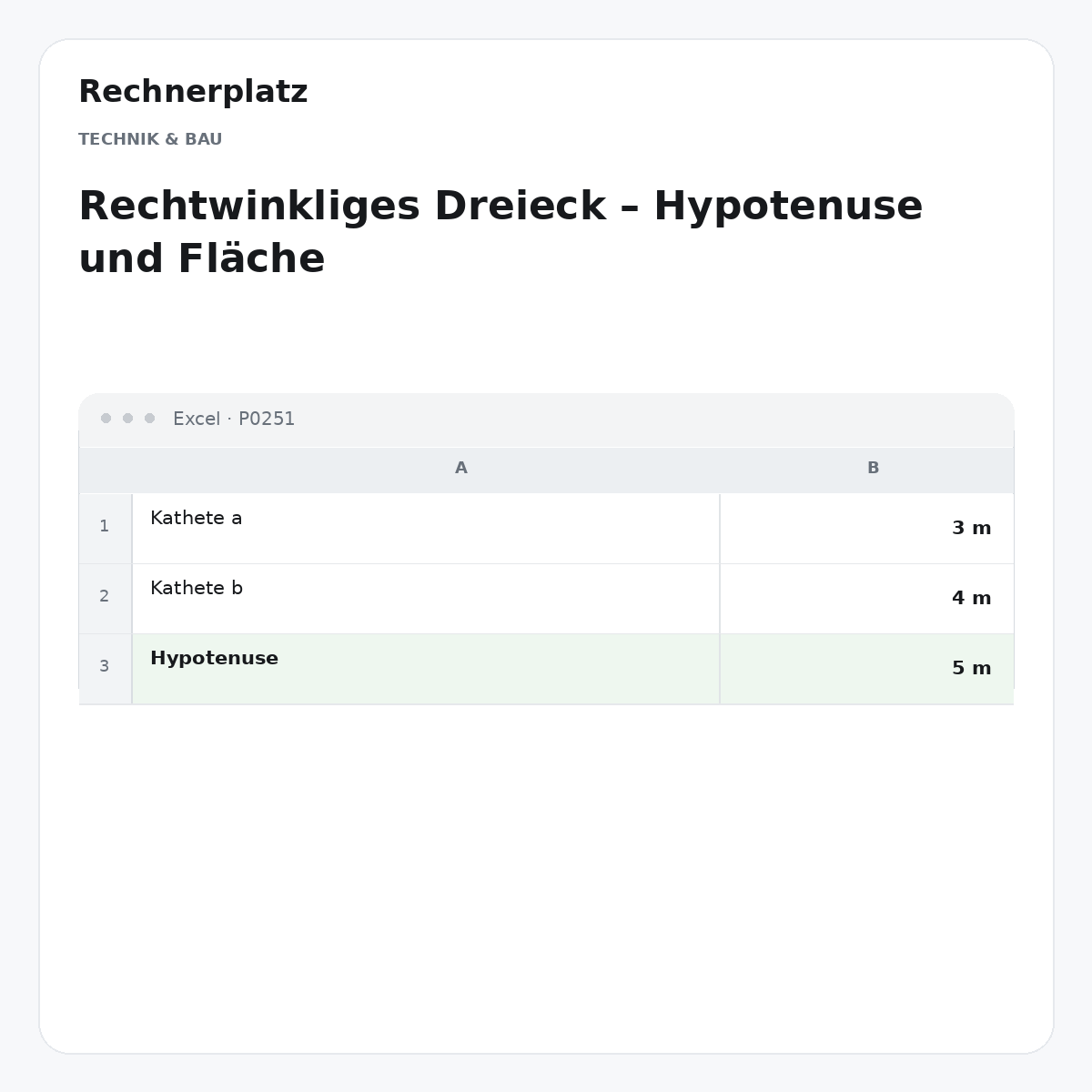 Rechnerplatz – Rechtwinkliges Dreieck – Hypotenuse und Fläche, Excel-Übersicht mit Eingaben und Ergebnis.