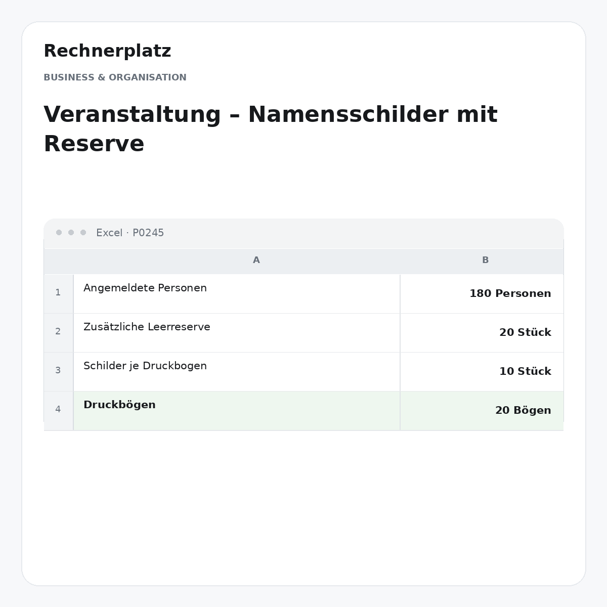 Rechnerplatz – Veranstaltung – Namensschilder mit Reserve, Excel-Übersicht mit Eingaben und Ergebnis.