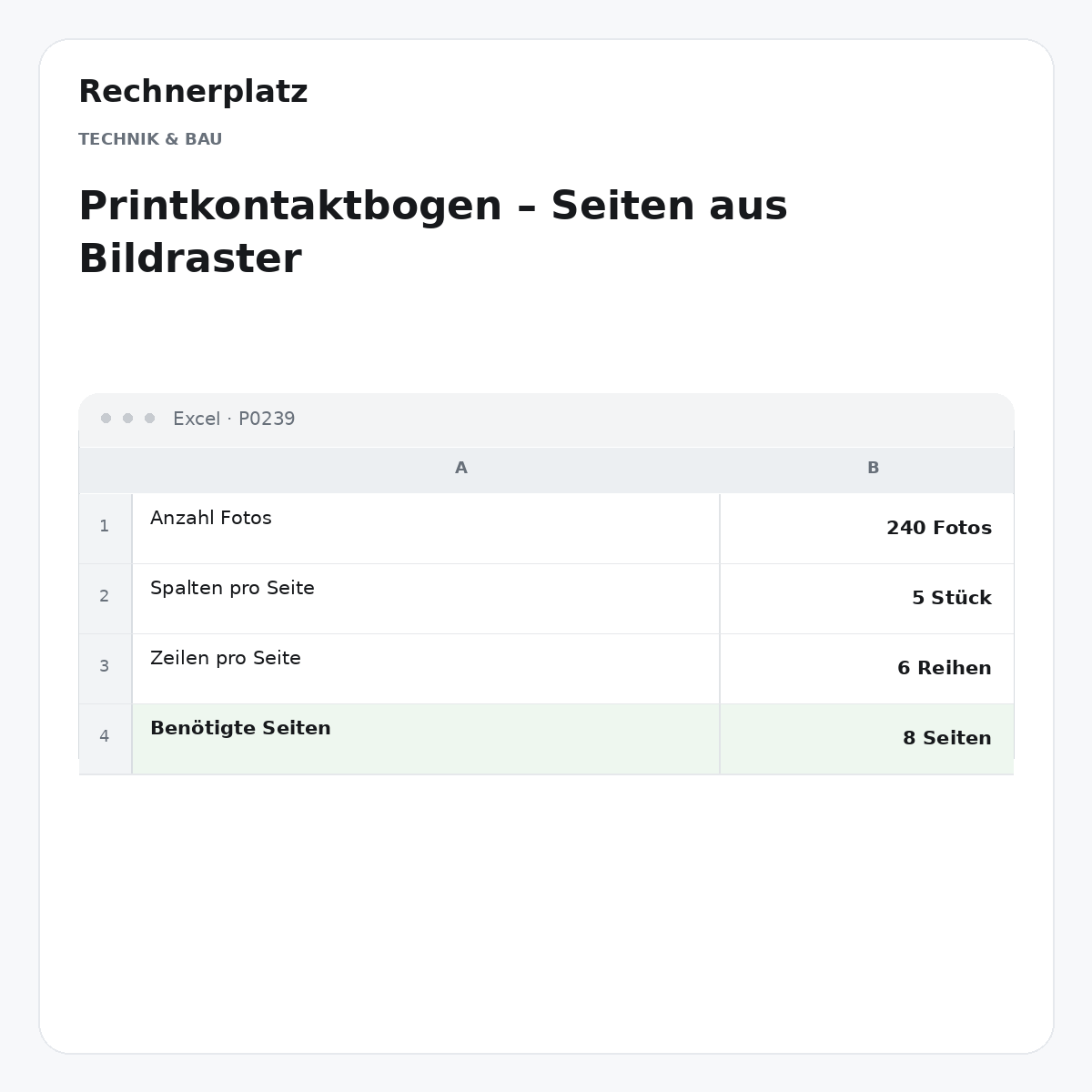 Rechnerplatz – Printkontaktbogen – Seiten aus Bildraster, Excel-Übersicht mit Eingaben und Ergebnis.