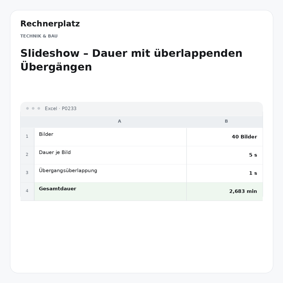 Rechnerplatz – Slideshow – Dauer mit überlappenden Übergängen, Excel-Übersicht mit Eingaben und Ergebnis.
