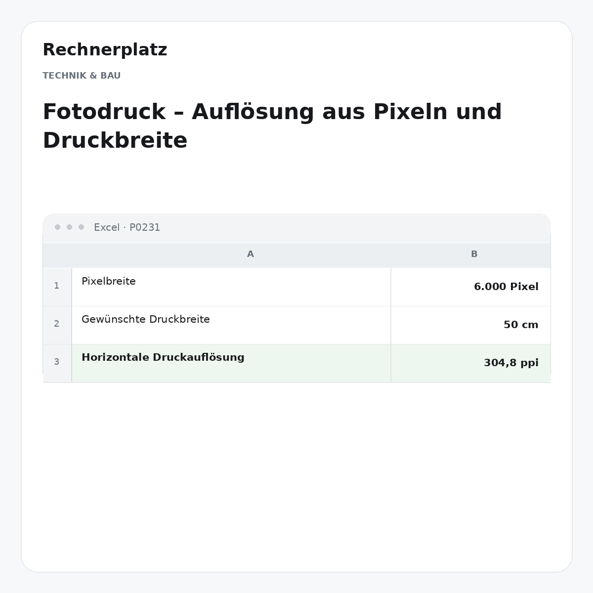 Rechnerplatz – Fotodruck – Auflösung aus Pixeln und Druckbreite, Excel-Übersicht mit Eingaben und Ergebnis.