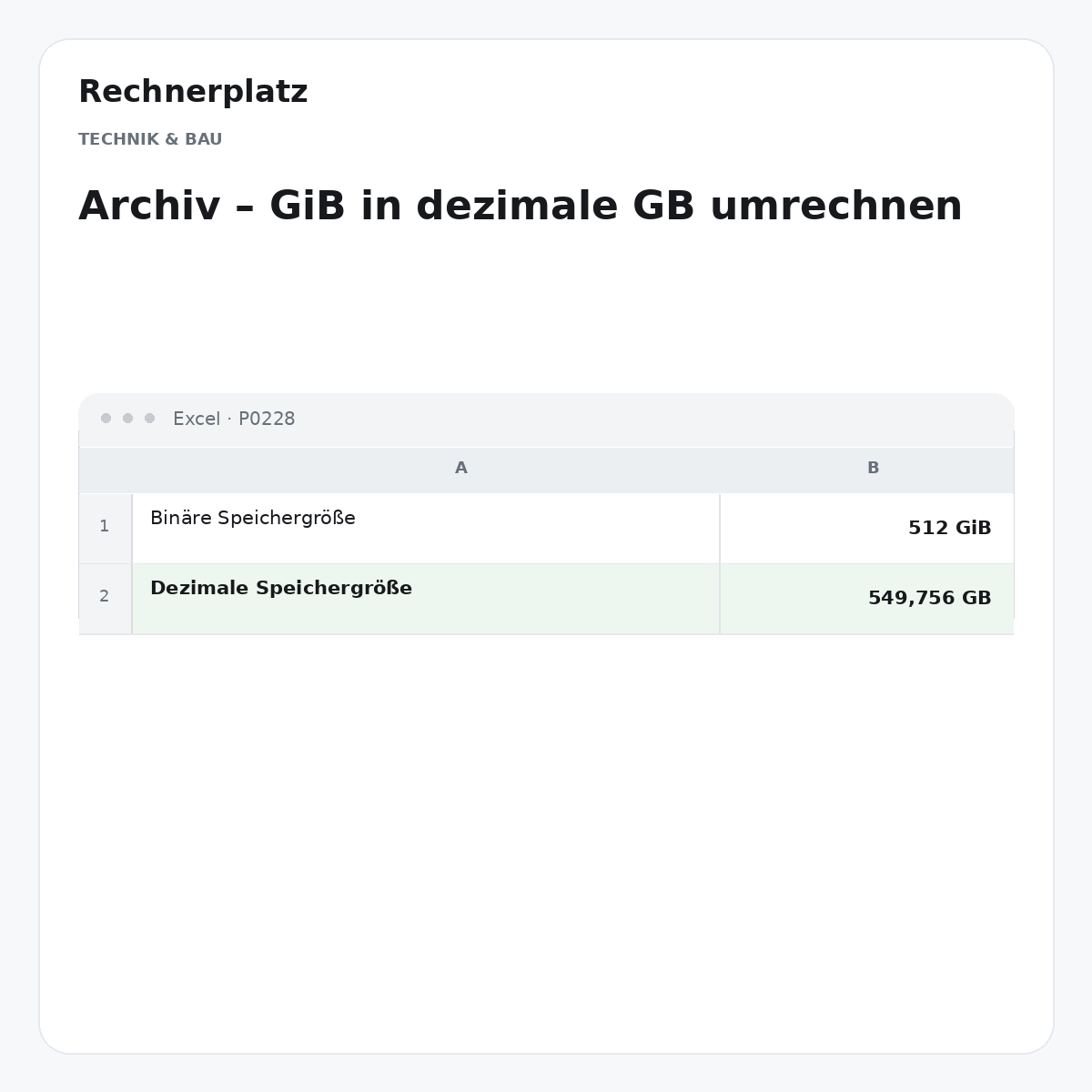 Rechnerplatz – Archiv – GiB in dezimale GB umrechnen, Excel-Übersicht mit Eingaben und Ergebnis.
