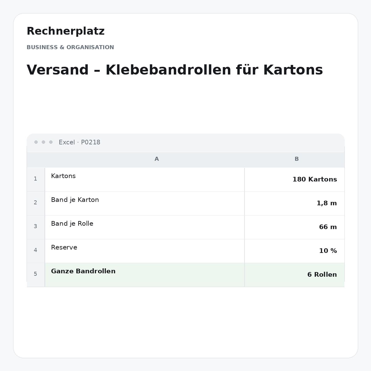 Rechnerplatz – Versand – Klebebandrollen für Kartons, Excel-Übersicht mit Eingaben und Ergebnis.