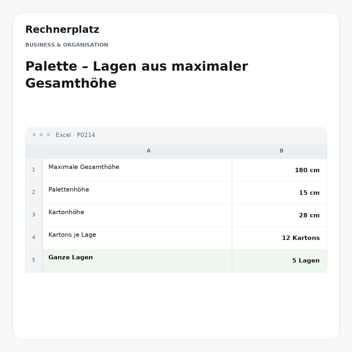 Rechnerplatz – Palette – Lagen aus maximaler Gesamthöhe, Excel-Übersicht mit Eingaben und Ergebnis.