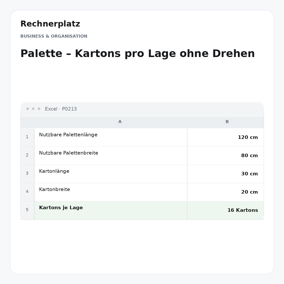 Rechnerplatz – Palette – Kartons pro Lage ohne Drehen, Excel-Übersicht mit Eingaben und Ergebnis.