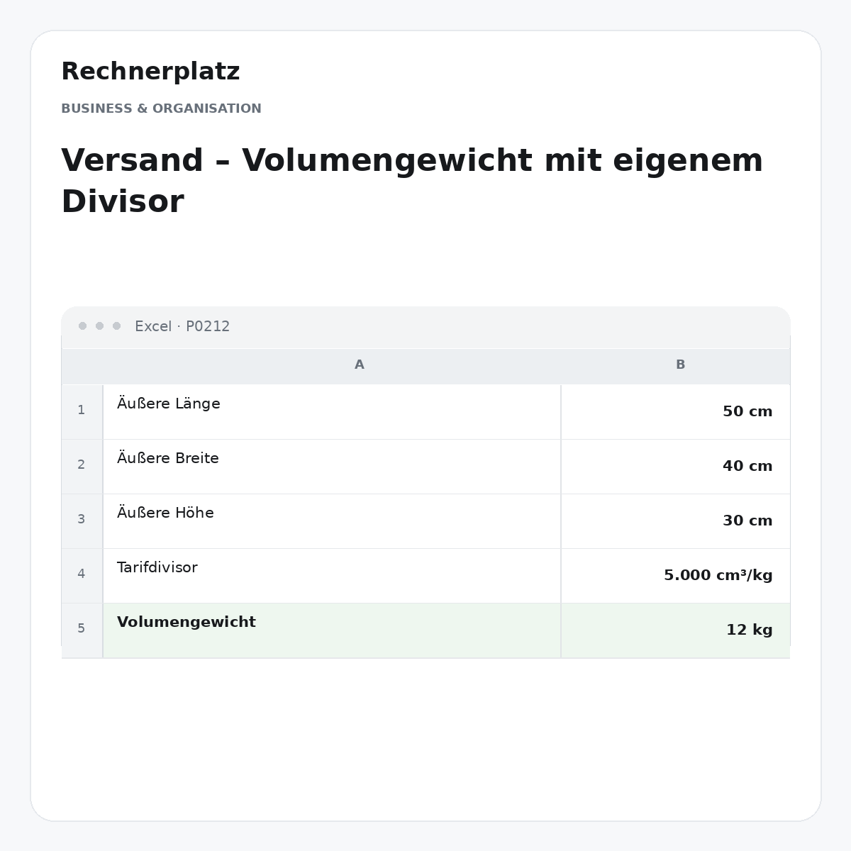 Rechnerplatz – Versand – Volumengewicht mit eigenem Divisor, Excel-Übersicht mit Eingaben und Ergebnis.