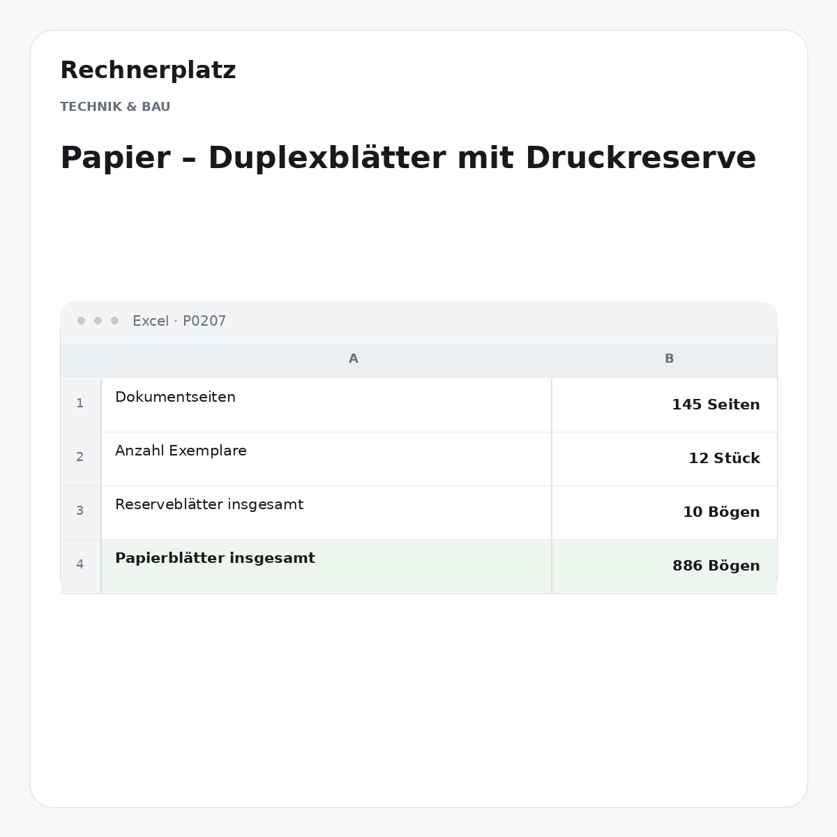 Rechnerplatz – Papier – Duplexblätter mit Druckreserve, Excel-Übersicht mit Eingaben und Ergebnis.